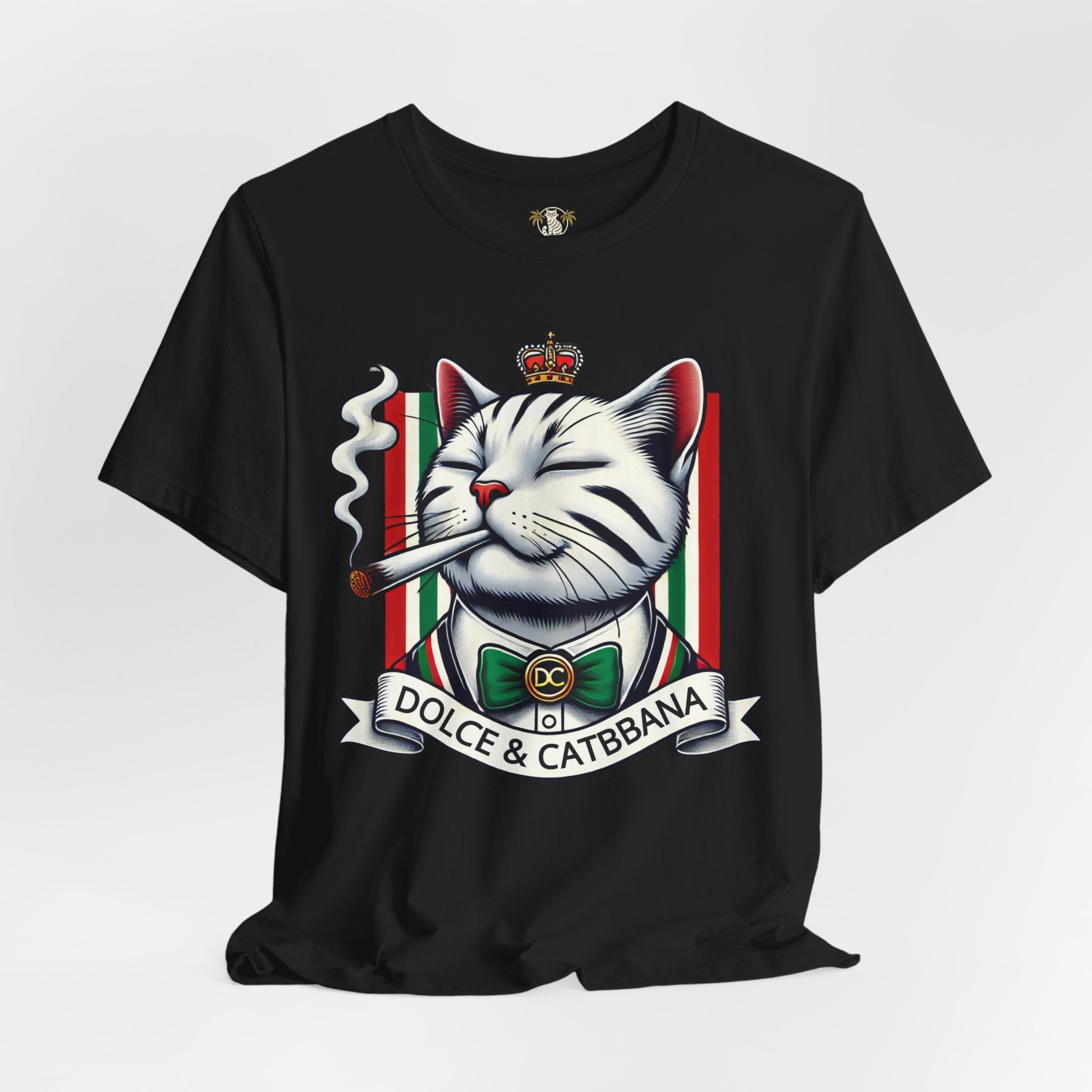 Dolce & Catbbana funny designer parody t shirt black, front view in studio, cat t shirts for men