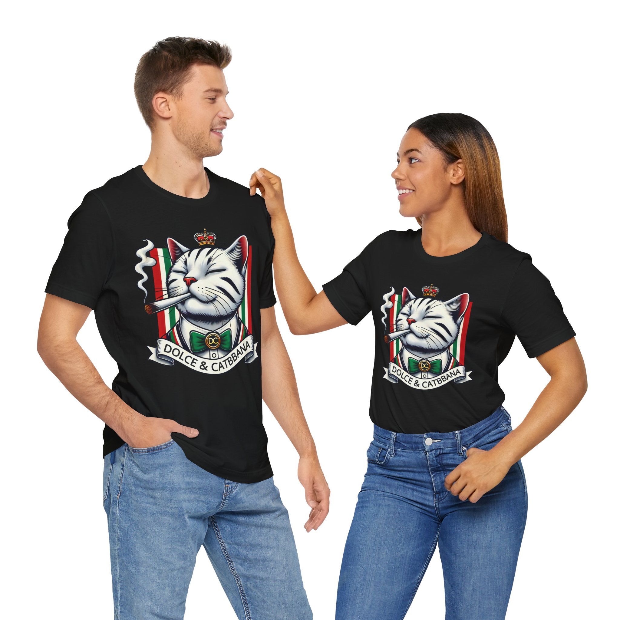 male and female models wearing Dolce & Catbbana Don Royal parody t shirts in black, unisex designer cat lovers gift