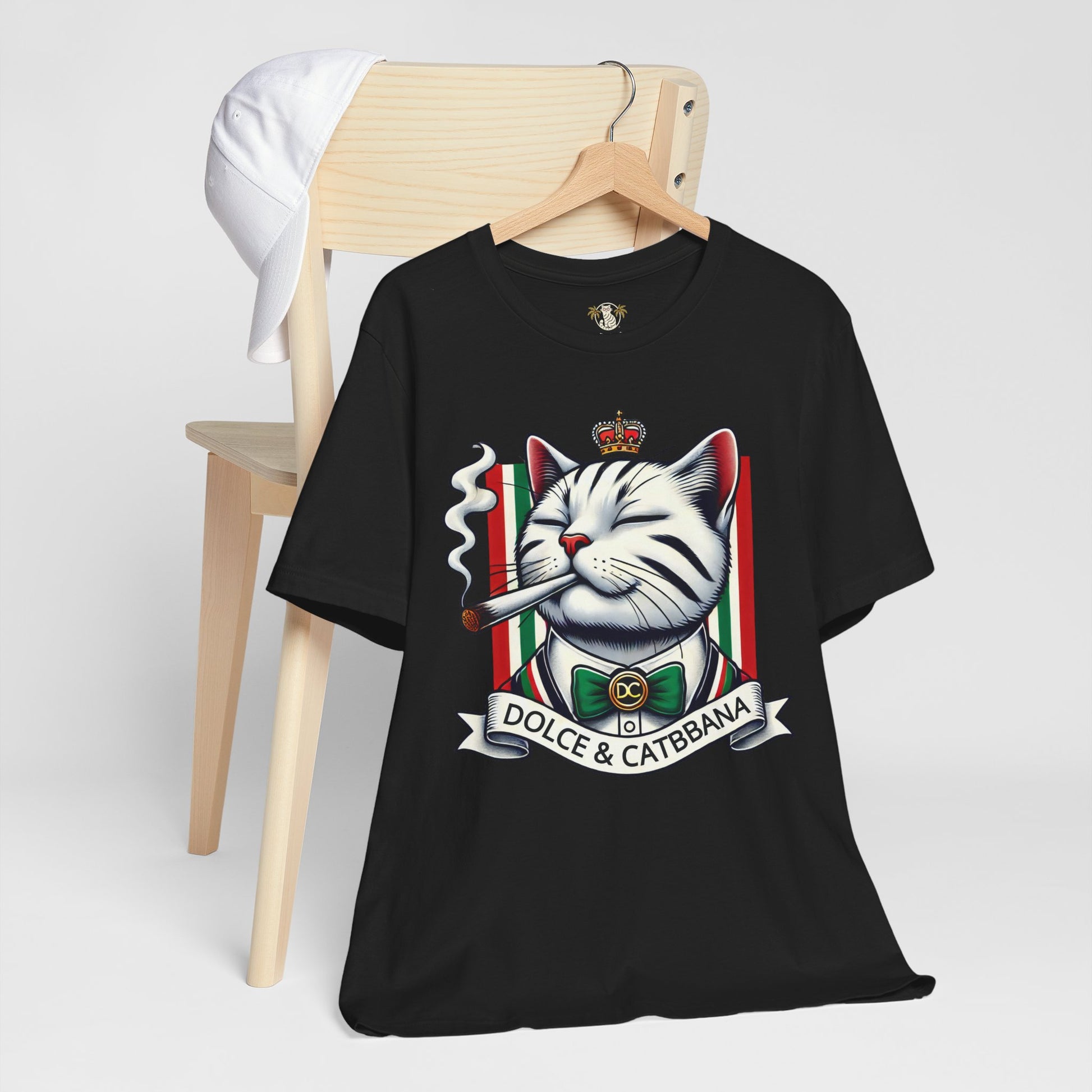 mens Dolce & Catbbana black t shirt styled on hanger, front angle, cool parody tee for cat lovers