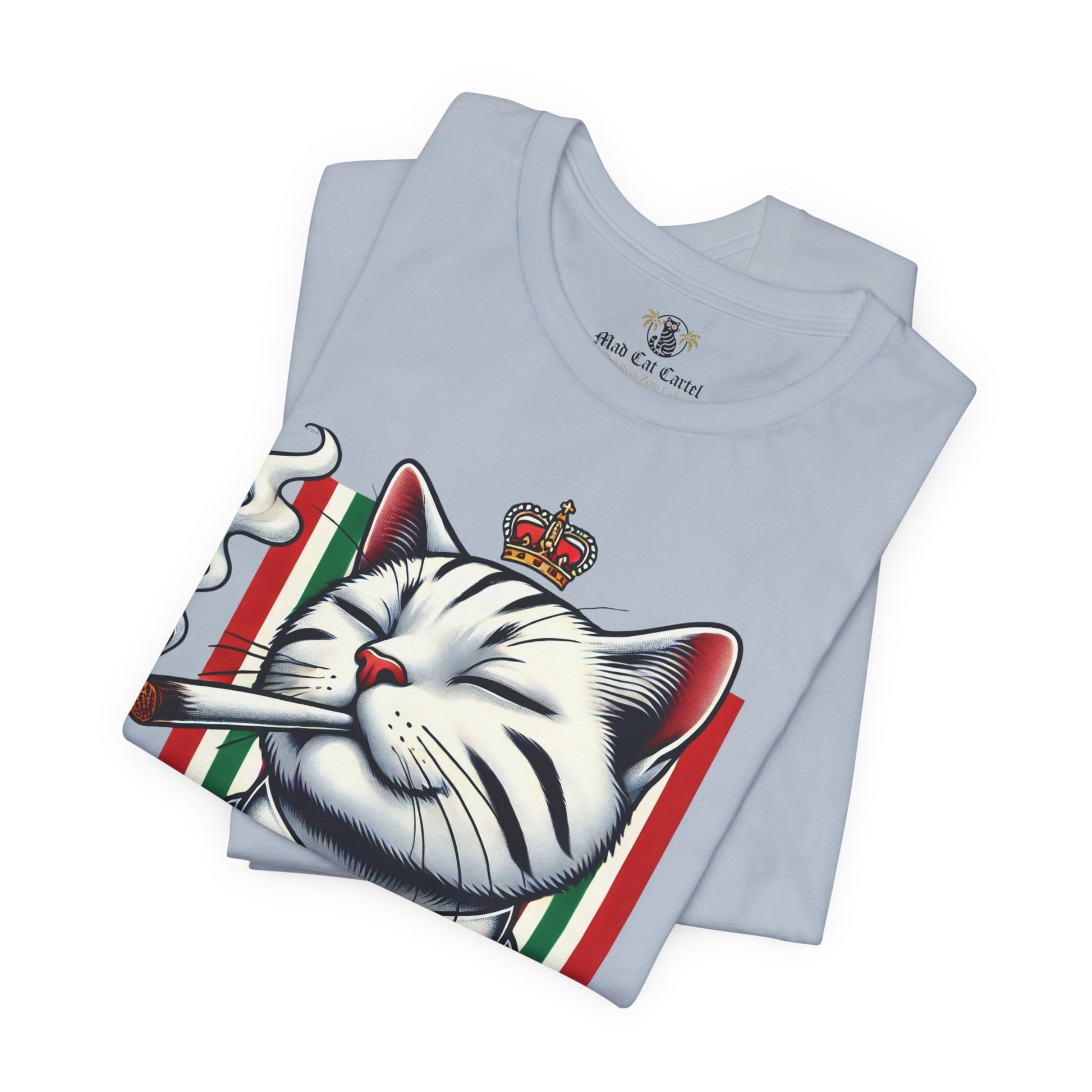 folded light blue Dolce & Catbbana Don Royal t shirt, designer parody cat lovers graphic tee