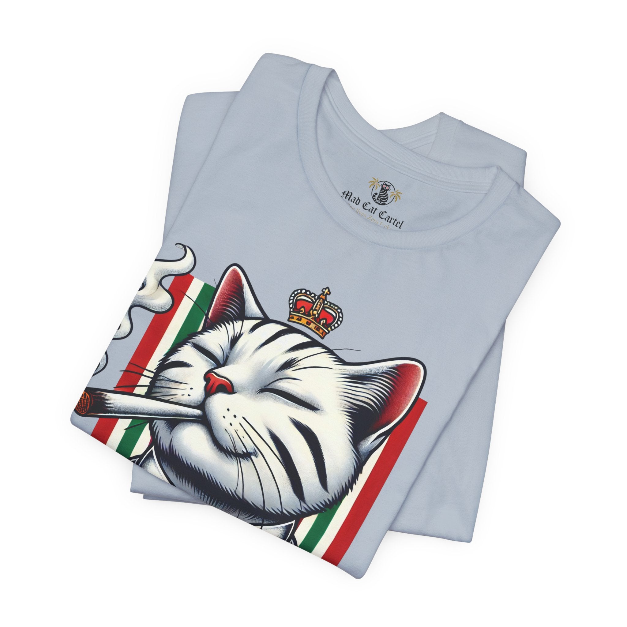 folded light blue Dolce & Catbbana Don Royal t shirt, designer parody cat lovers graphic tee