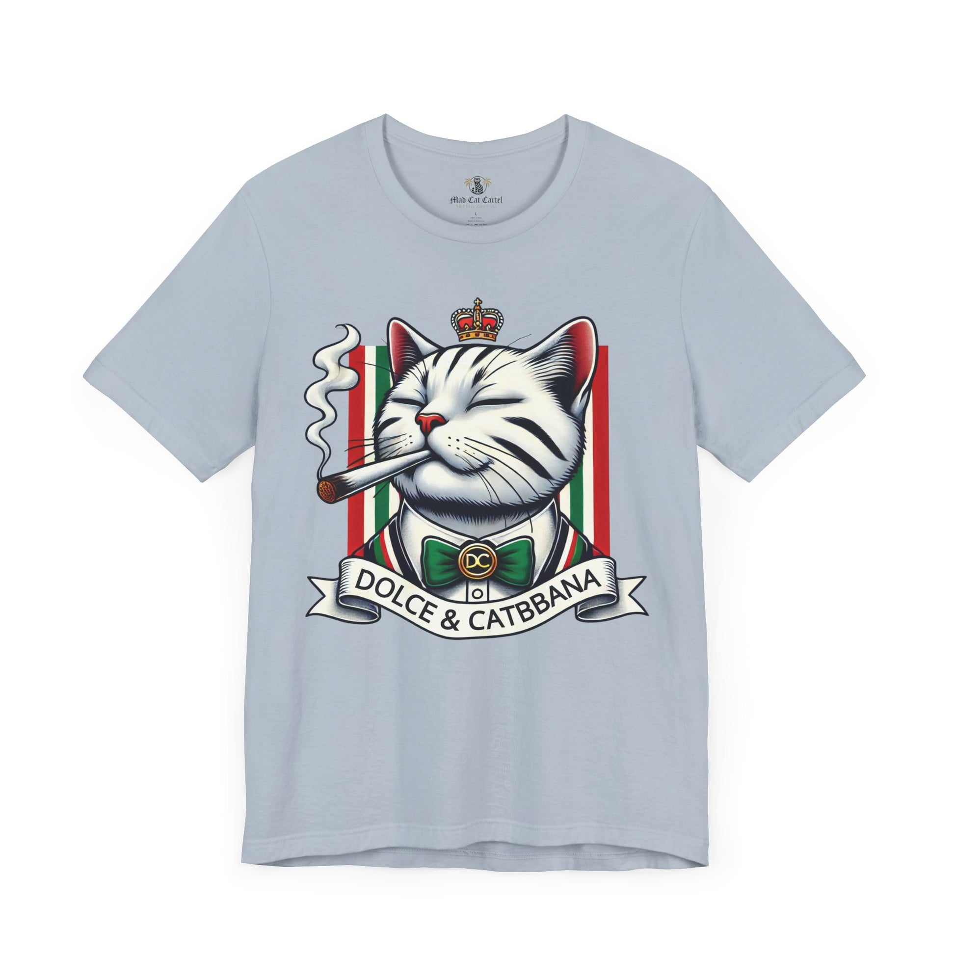 Dolce & Catbbana Don Royal funny designer parody t shirt light blue, front view, cat t shirts for men and women