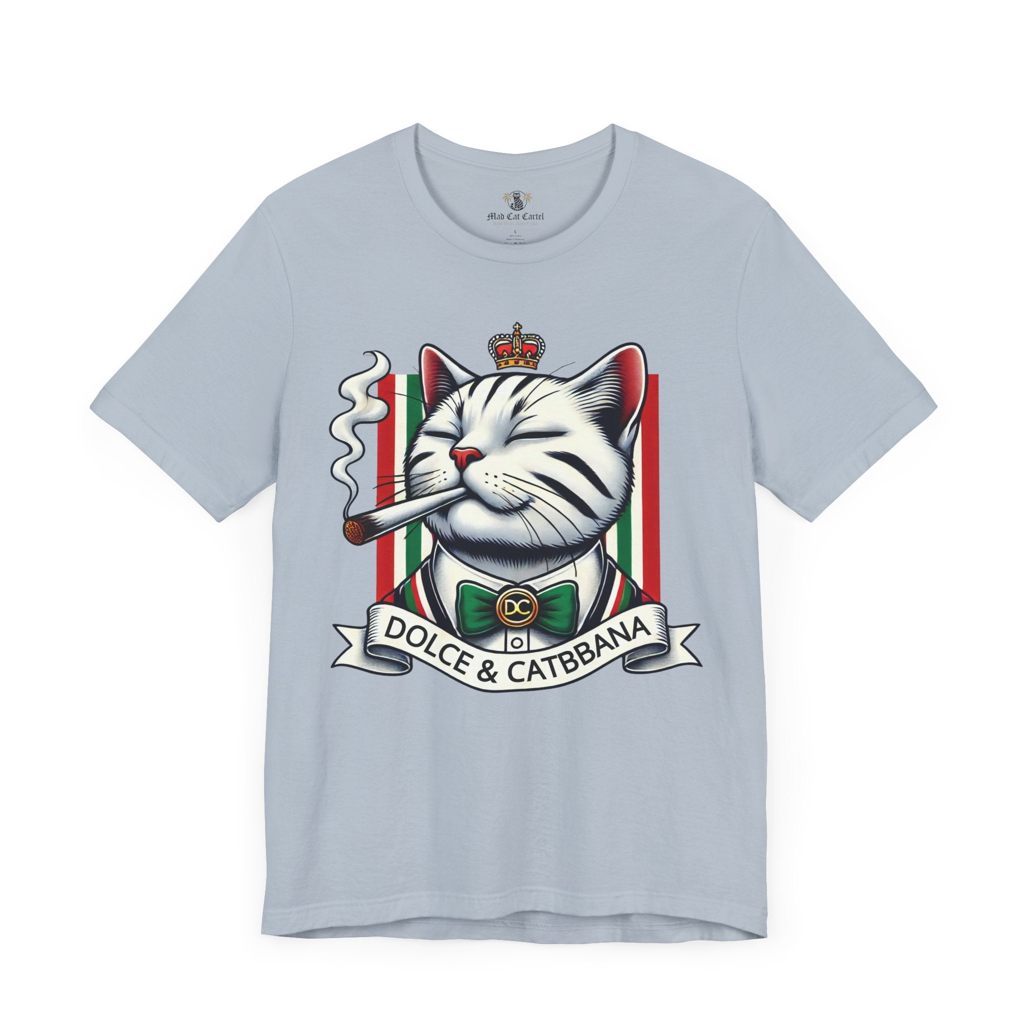 Dolce & Catbbana Don Royal funny designer parody t shirt light blue, front view, cat t shirts for men and women