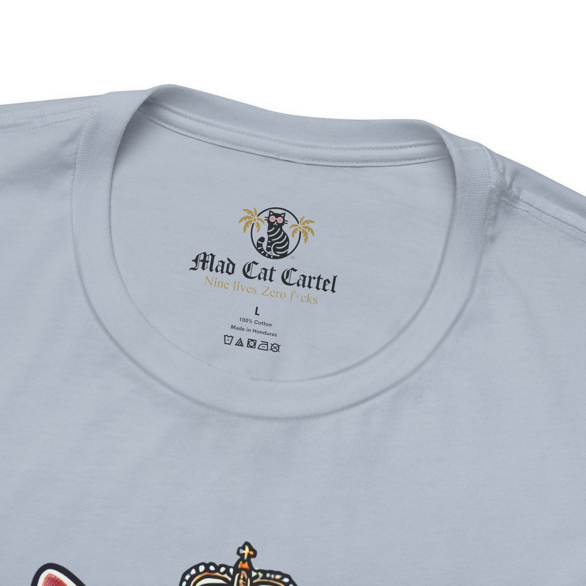 Dolce & Catbbana Don Royal light blue t shirt close-up neckline, Mad Cat Cartel label detail