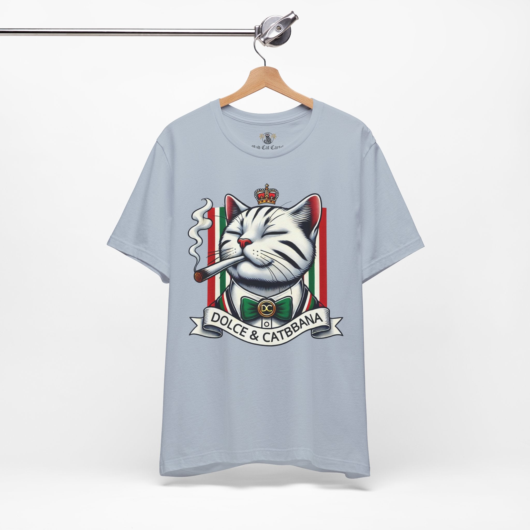 Dolce & Catbbana Don Royal light blue t shirt on hanger, cotton cat parody tee by Mad Cat Cartel