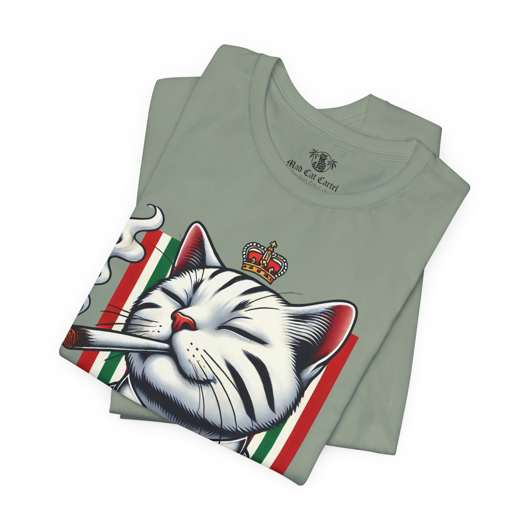 folded sage green Dolce & Catbbana Don Royal t shirt, cotton designer parody tee with cat graphic