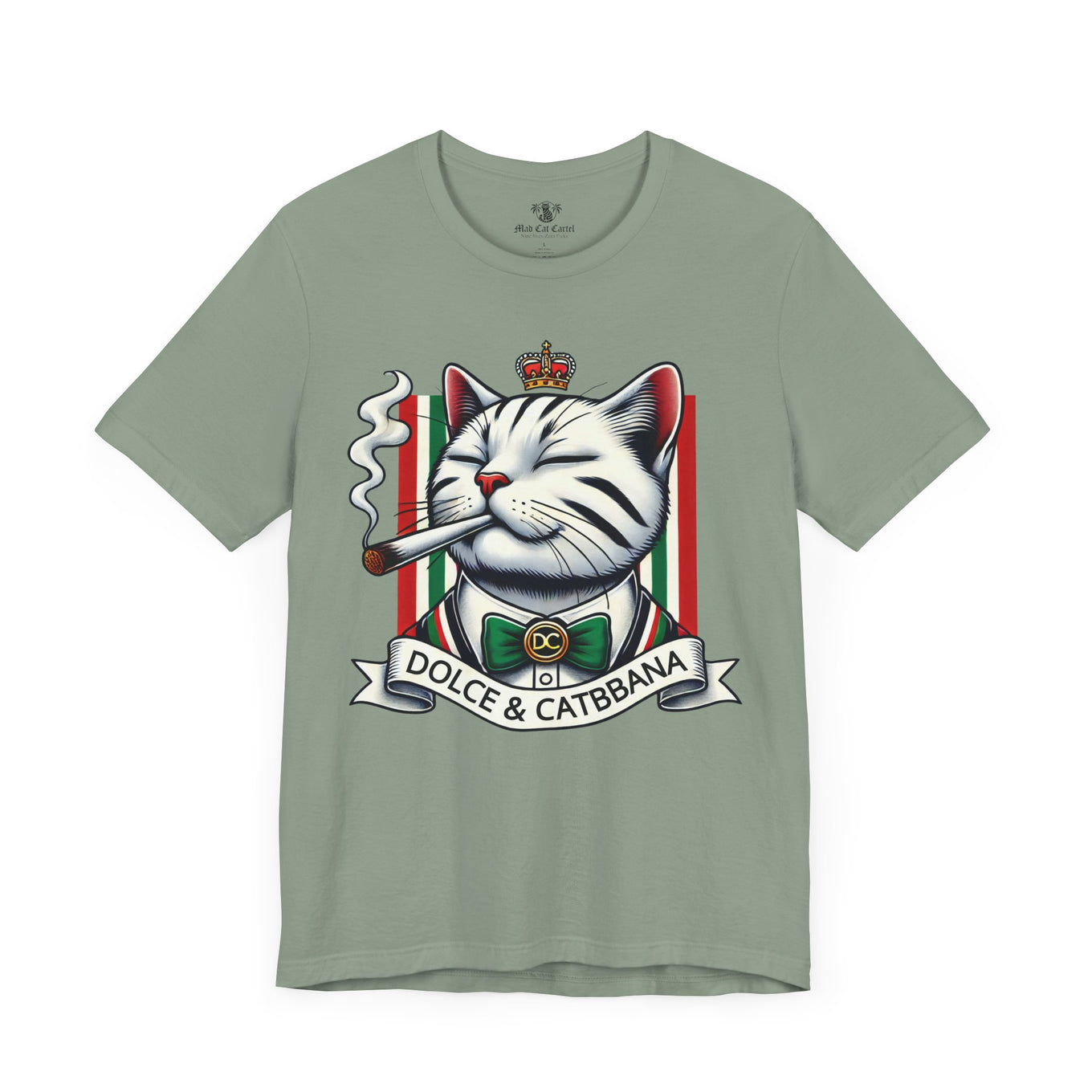 Dolce & Catbbana Don Royal funny designer parody t shirt sage green, front view, shirts with cats on them, by Mad Cat Cartel