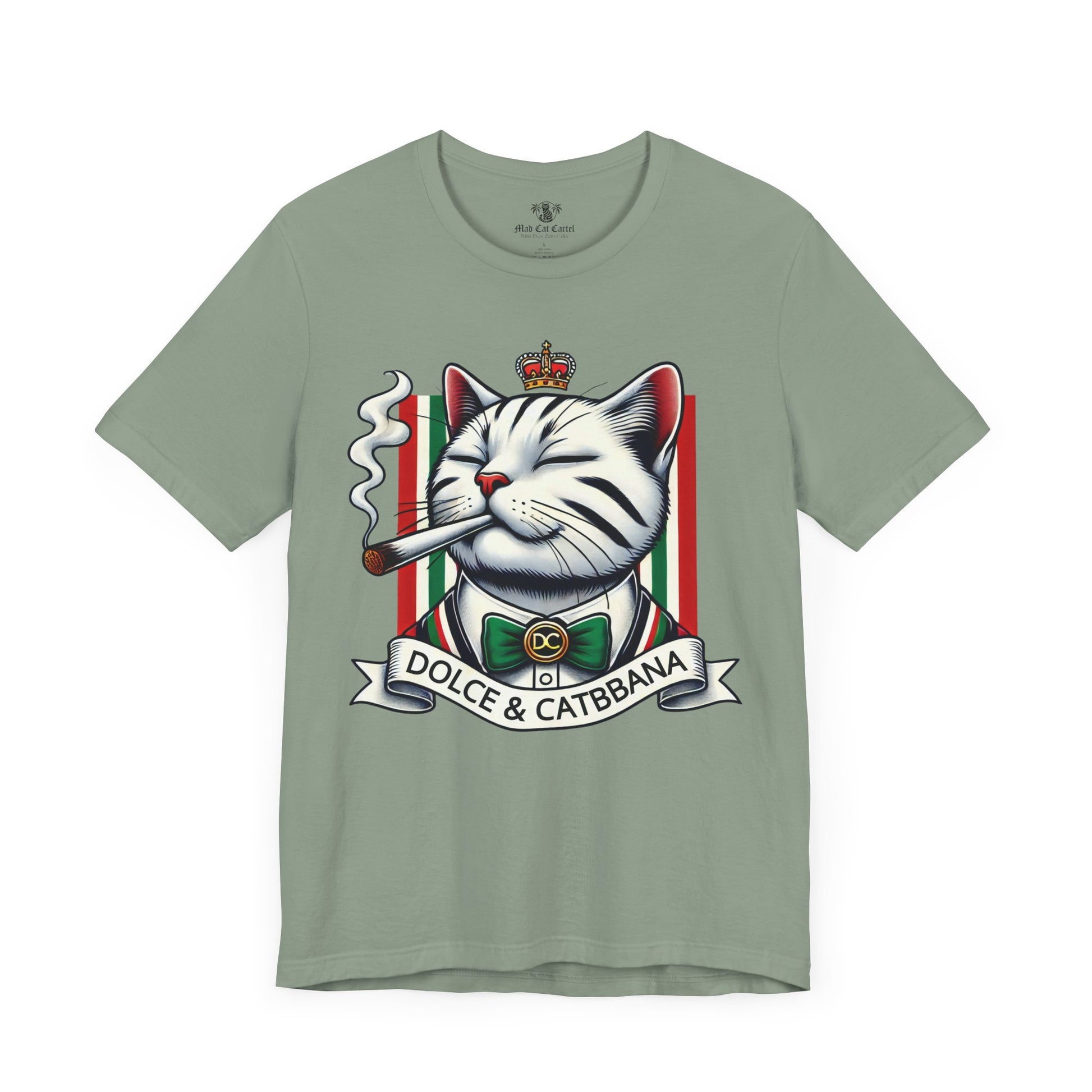 Dolce & Catbbana Don Royal funny designer parody t shirt sage green, front view, shirts with cats on them, by Mad Cat Cartel