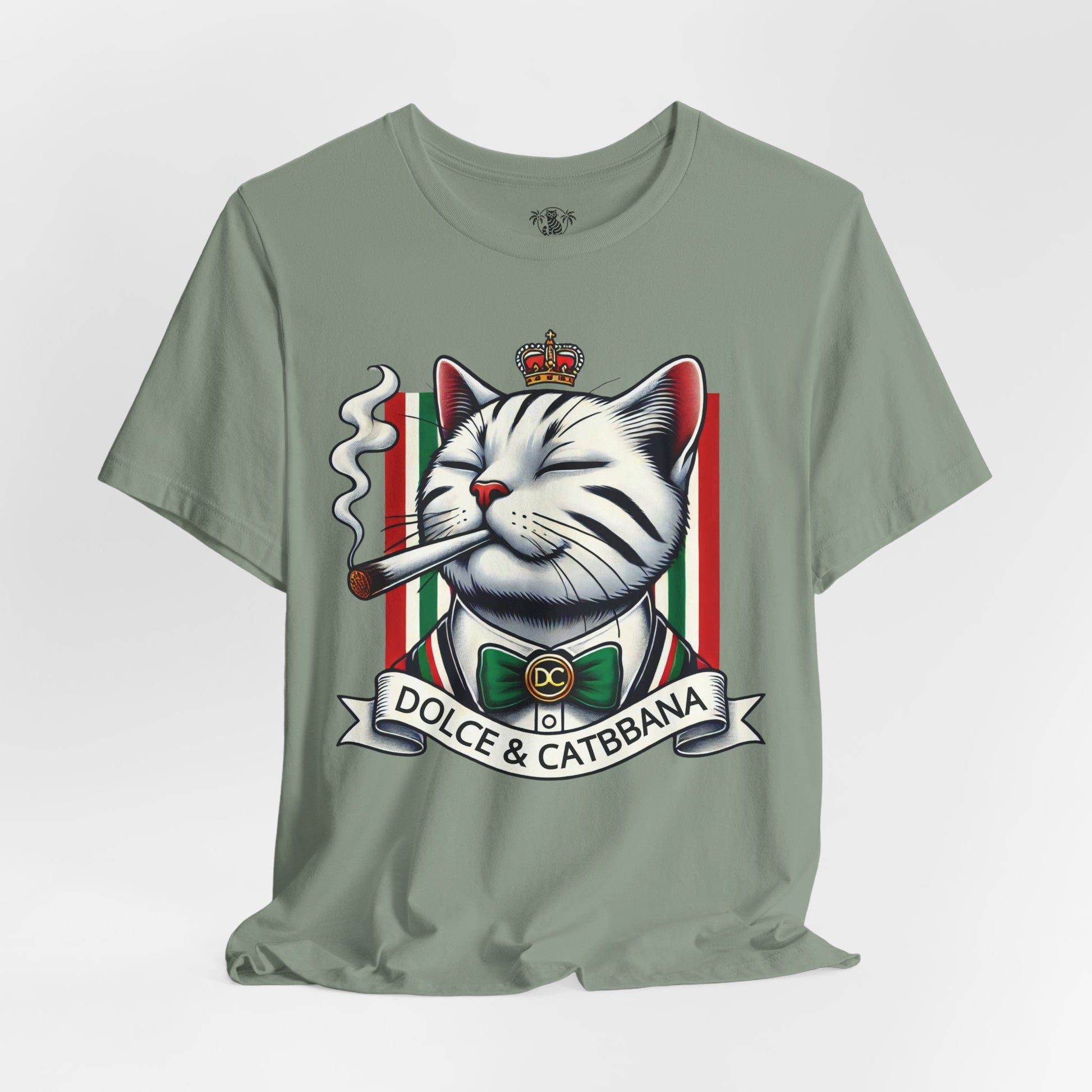 Dolce & Catbbana Don Royal sage green t shirt, front studio view, casual parody tee for cat lovers