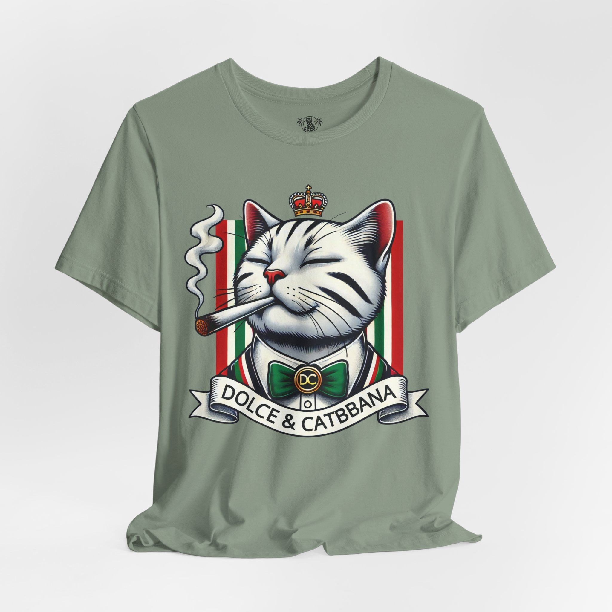 Dolce & Catbbana Don Royal sage green t shirt, front studio view, casual parody tee for cat lovers