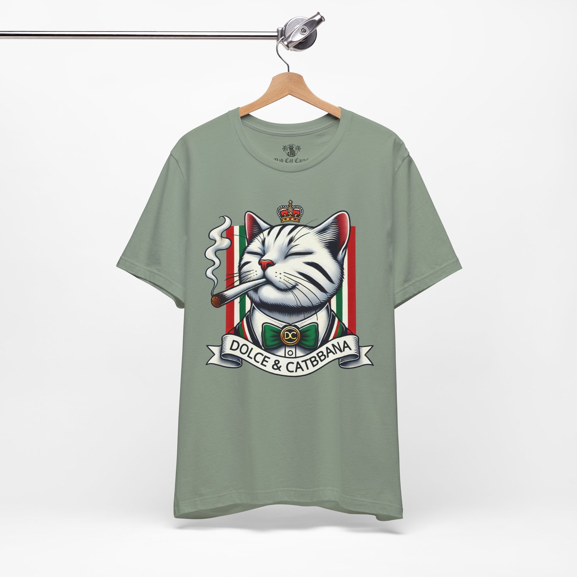 Dolce & Catbbana Don Royal sage green t shirt on hanger, front angle, casual parody tee for cat lovers