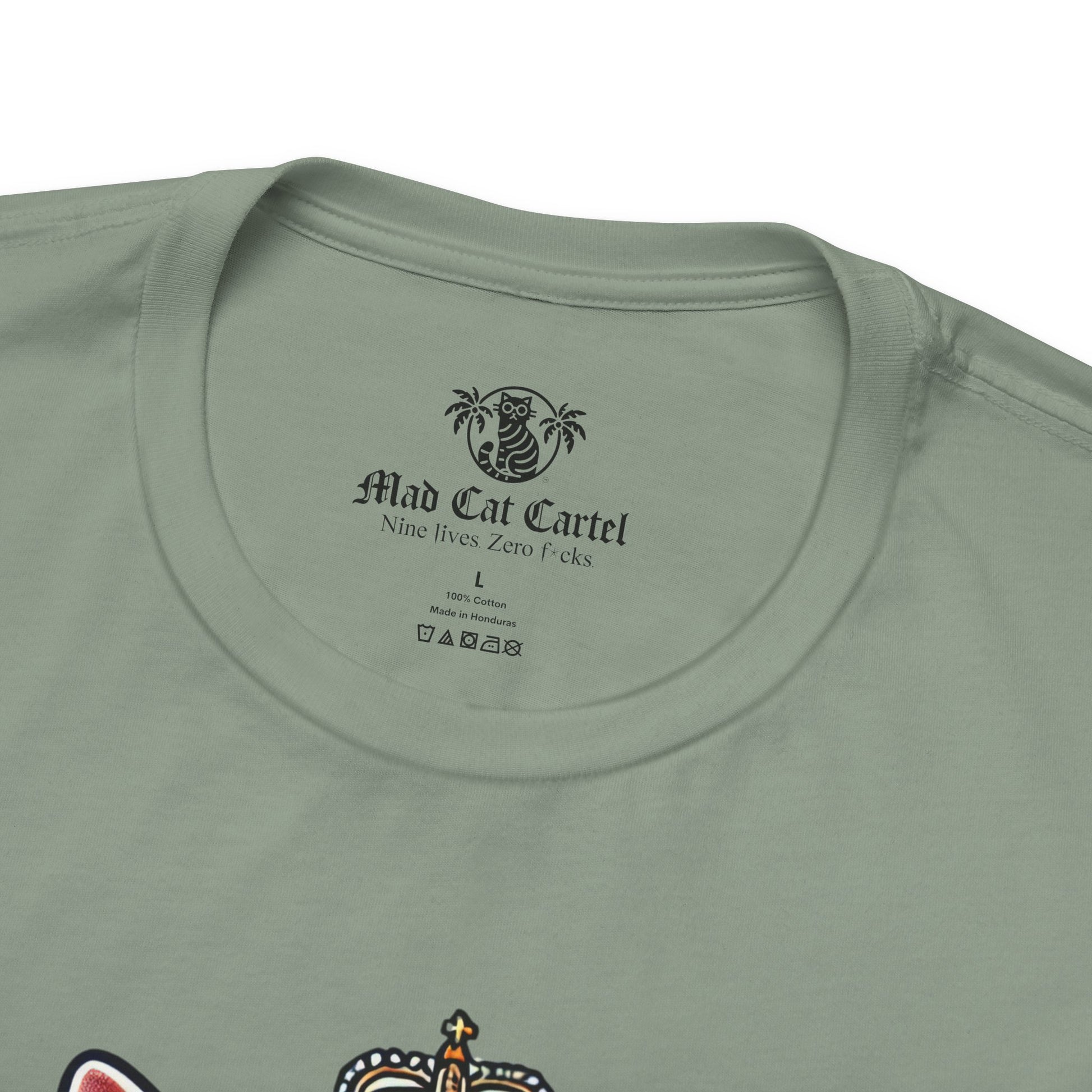 close-up neckline of Dolce & Catbbana Don Royal sage green t shirt print, designer parody cat logo by Mad Cat Cartel