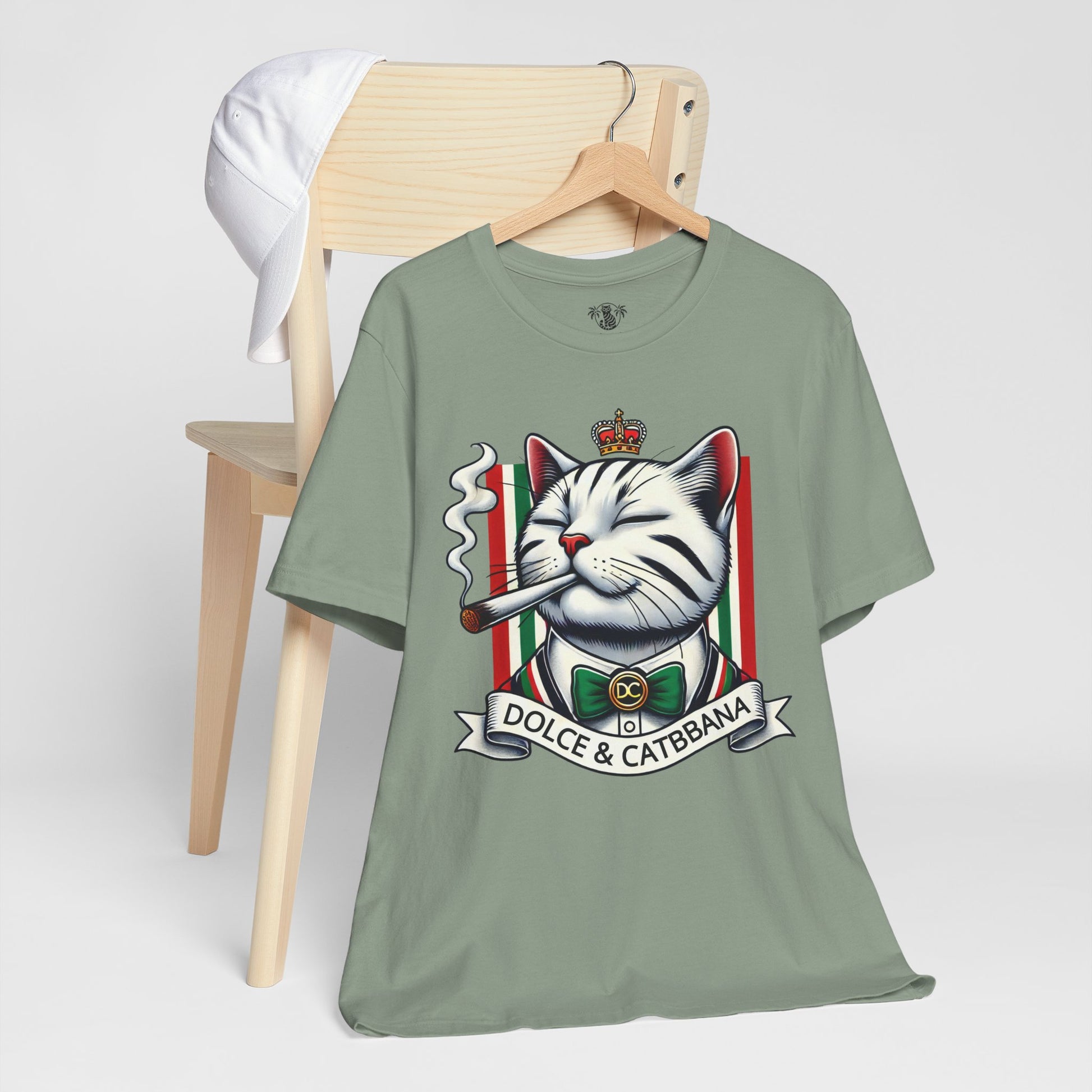 Dolce & Catbbana Don Royal sage green t shirt print, designer parody tee styled on hanger