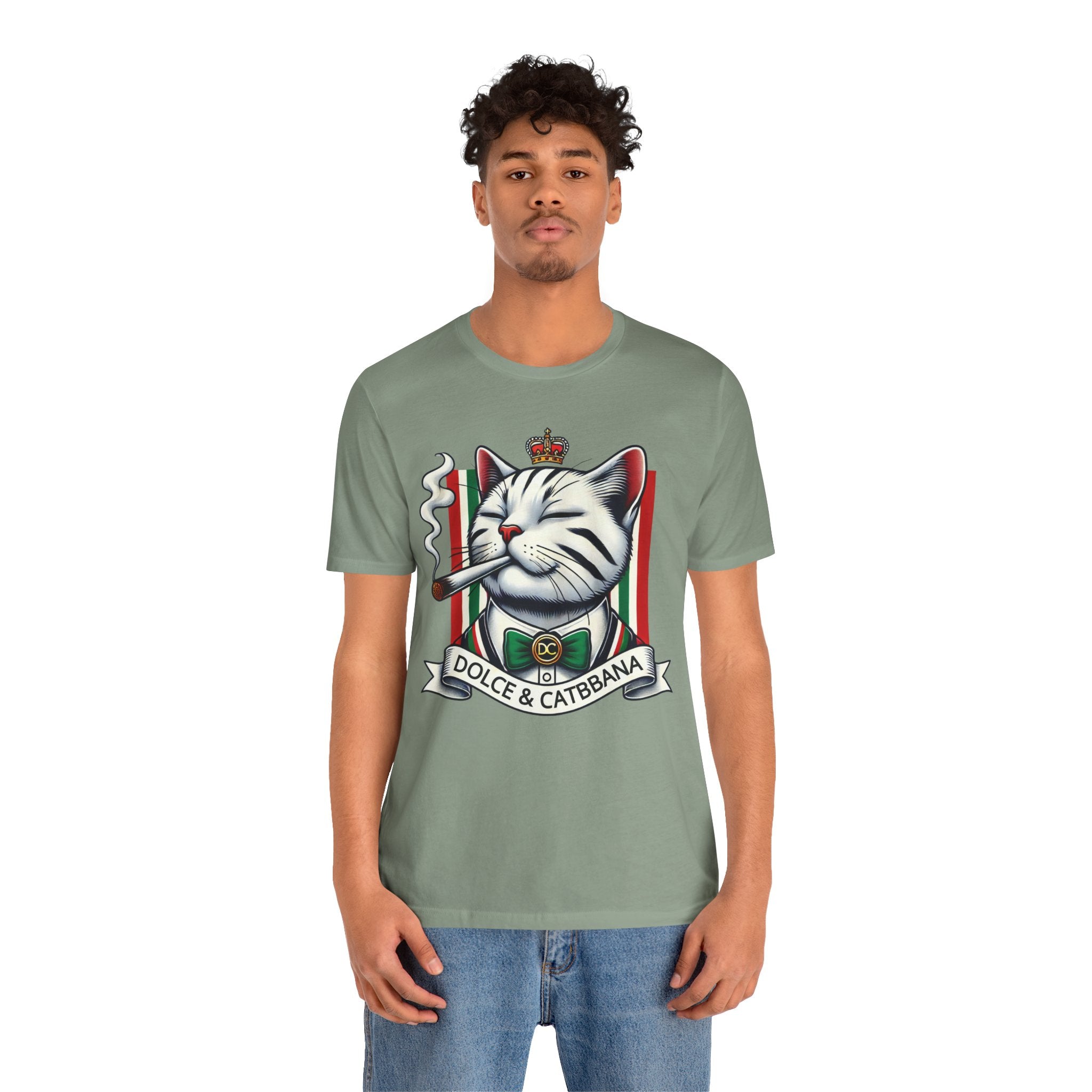 Dolce & Catbbana Don Royal Funny Designer Parody Cat T-Shirt in sage, worn by a male model