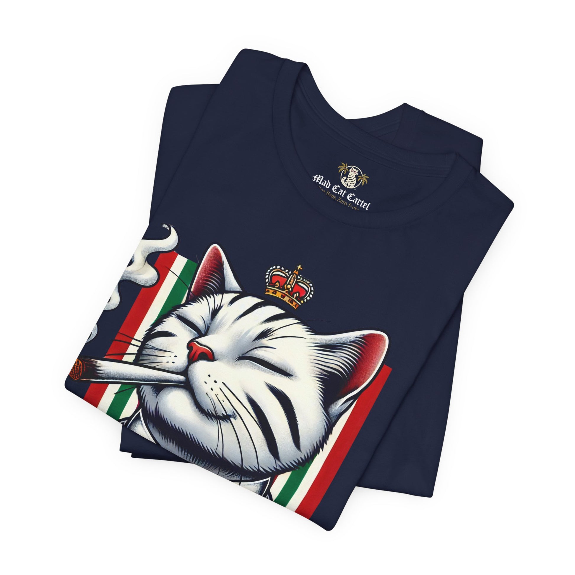 folded navy Dolce & Catbbana Don Royal t shirt, cotton parody tee with cat crest graphic