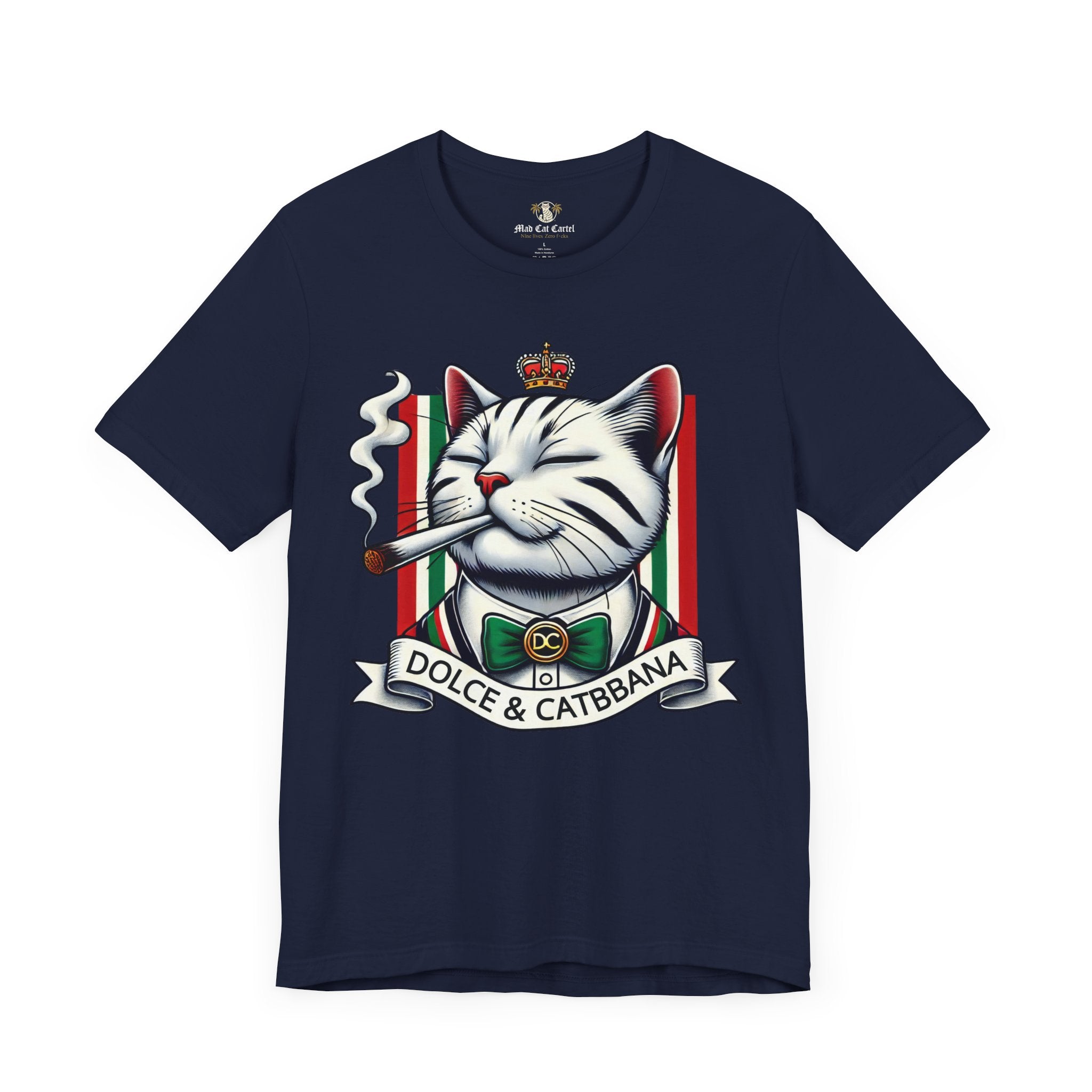 Dolce & Catbbana Don Royal funny designer parody t shirt navy, front view, cat t shirts for men, by Mad Cat Cartel
