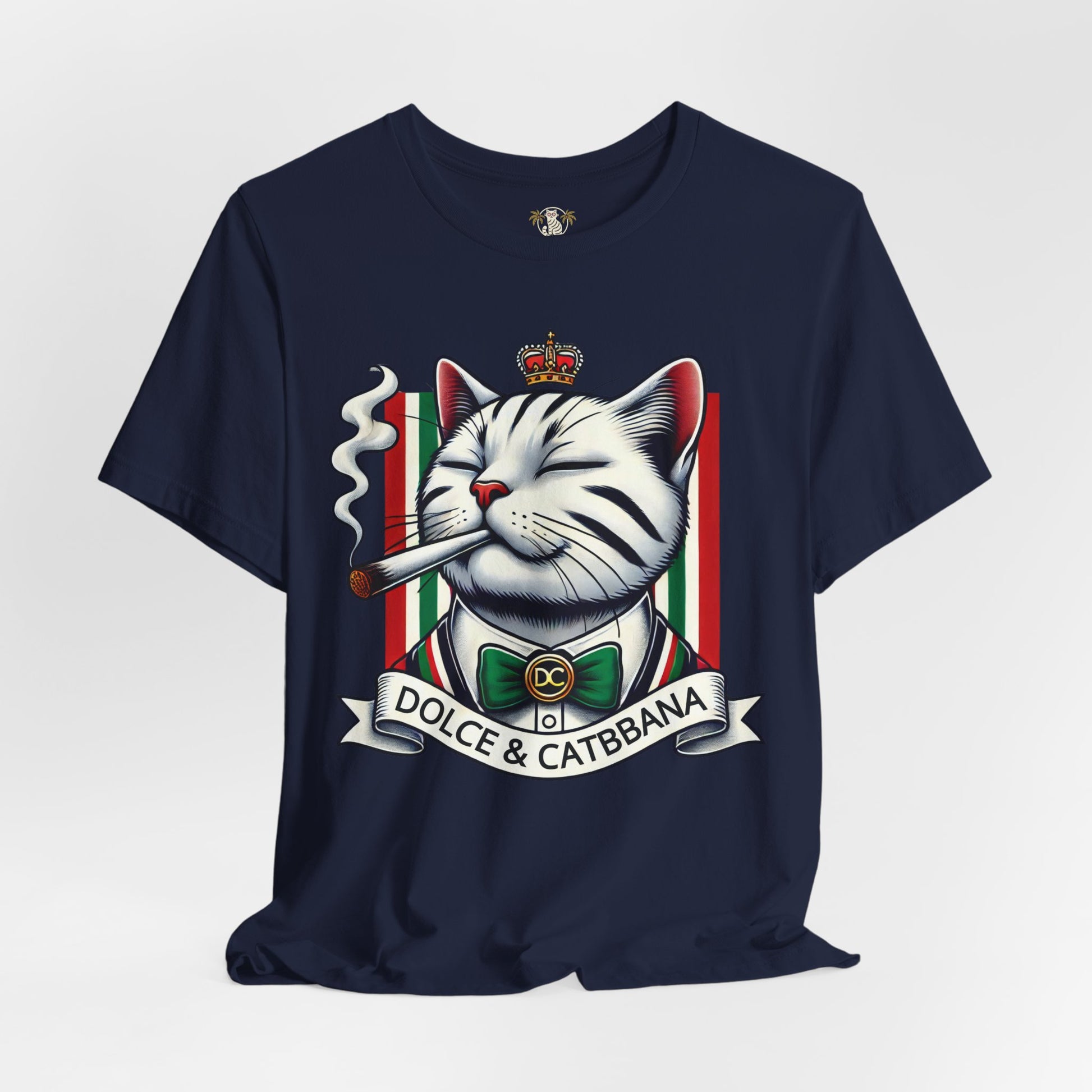 Dolce & Catbbana navy t shirt, front studio view, designer cat lovers parody tee