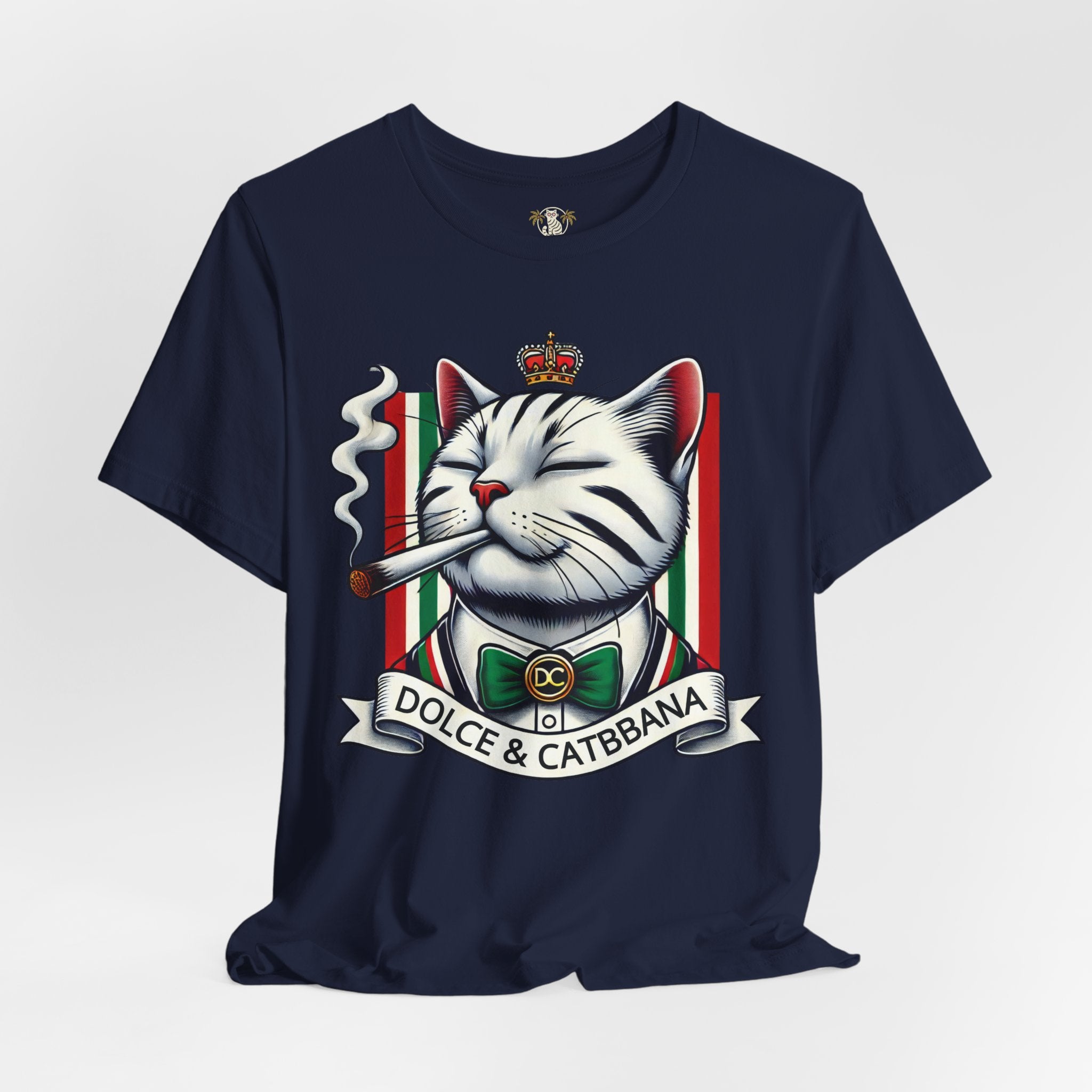 Dolce & Catbbana navy t shirt, front studio view, designer cat lovers parody tee
