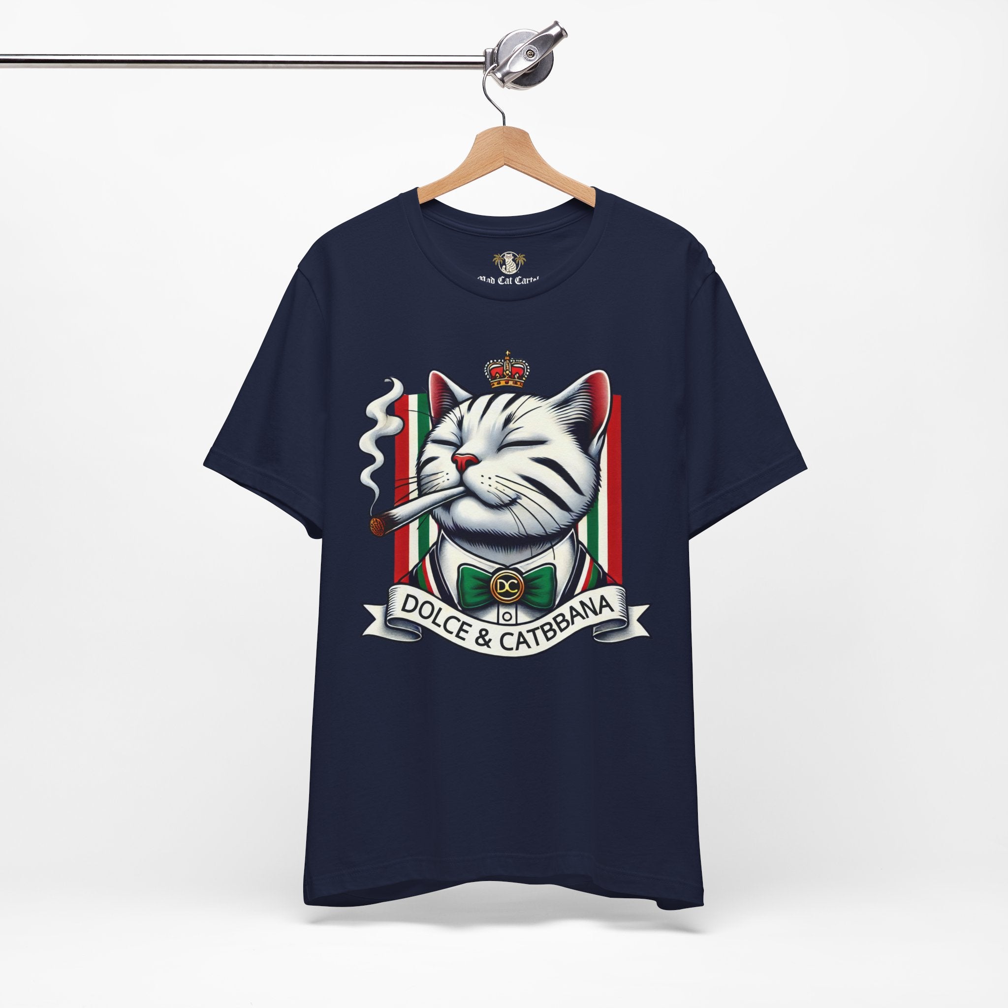 Dolce & Catbbana Don Royal navy t shirt on hanger, designer cat lovers parody tee
