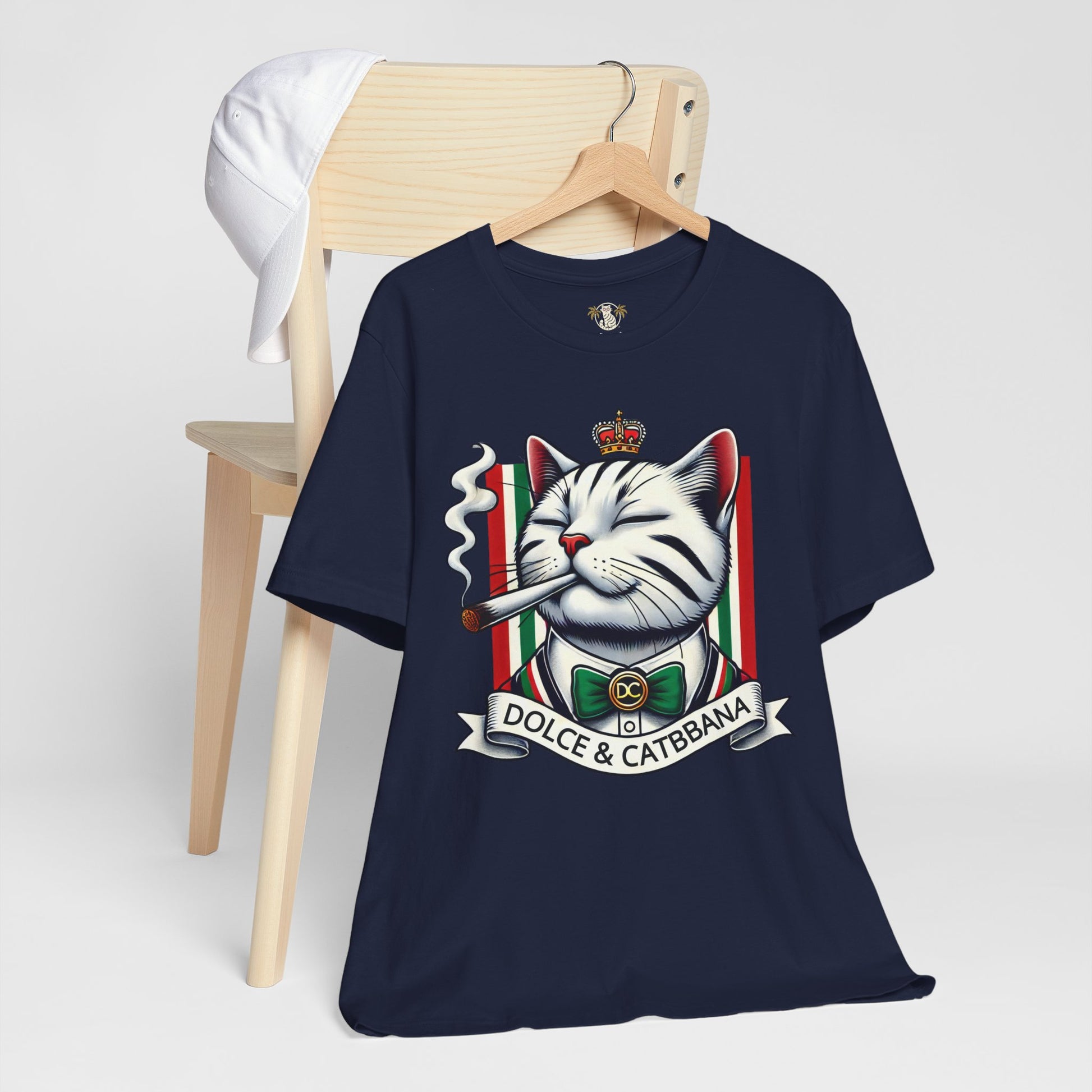 Dolce & Catbbana Don Royal navy blue t shirt hanging on chair, funny cat lovers parody tee by Mad Cat Cartel