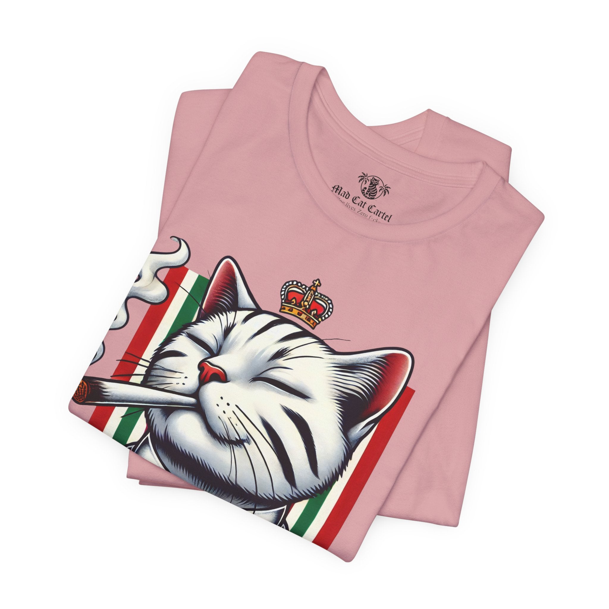 folded orchid pink Dolce & Catbbana ' t shirt, designer parody cat lovers tee