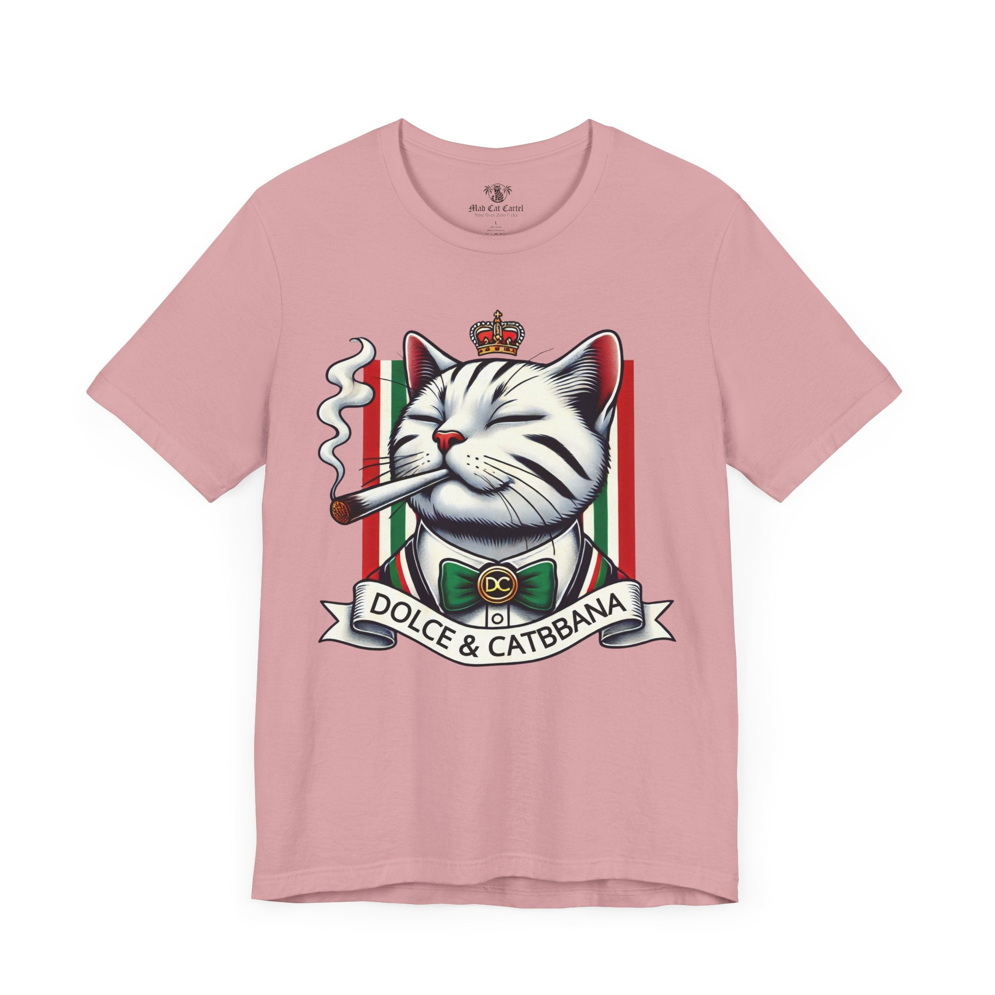 Dolce & Catbbana Don Royal funny designer parody t shirt orchid pink, womens cat shirt, by Mad Cat Cartel