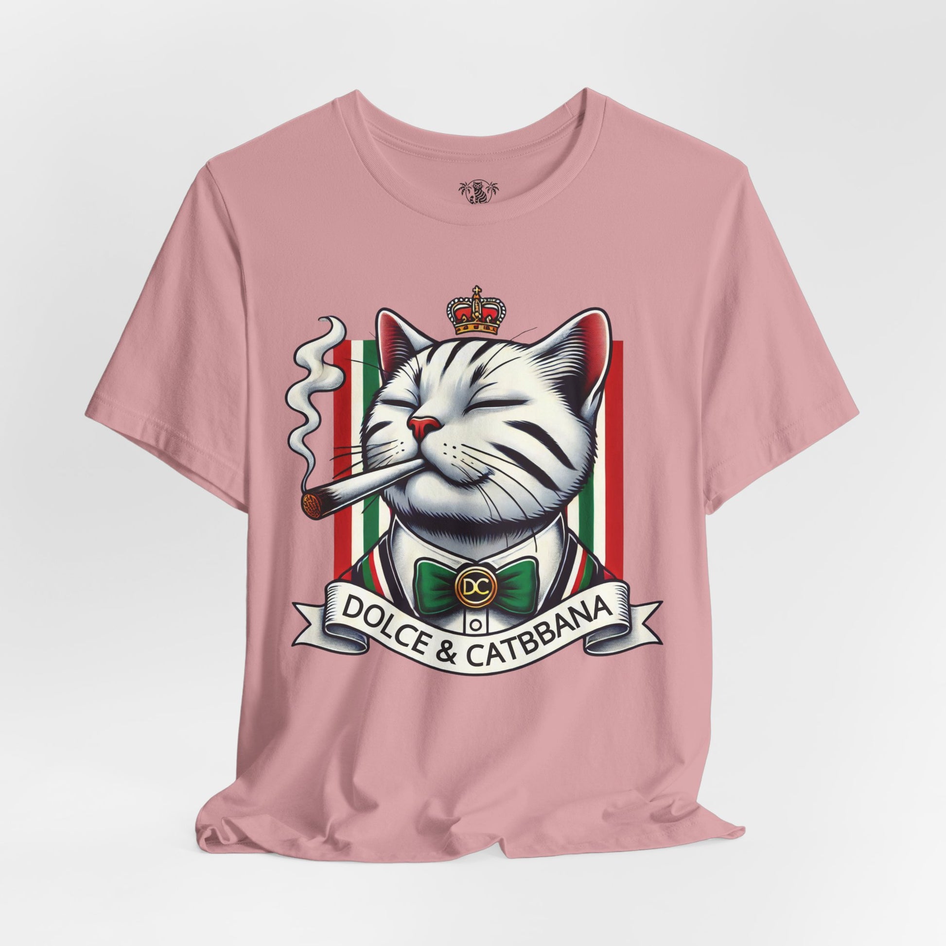 Dolce & Catbbana Don Royal orchid pink t shirt front view, soft cotton parody shirt for cat lovers