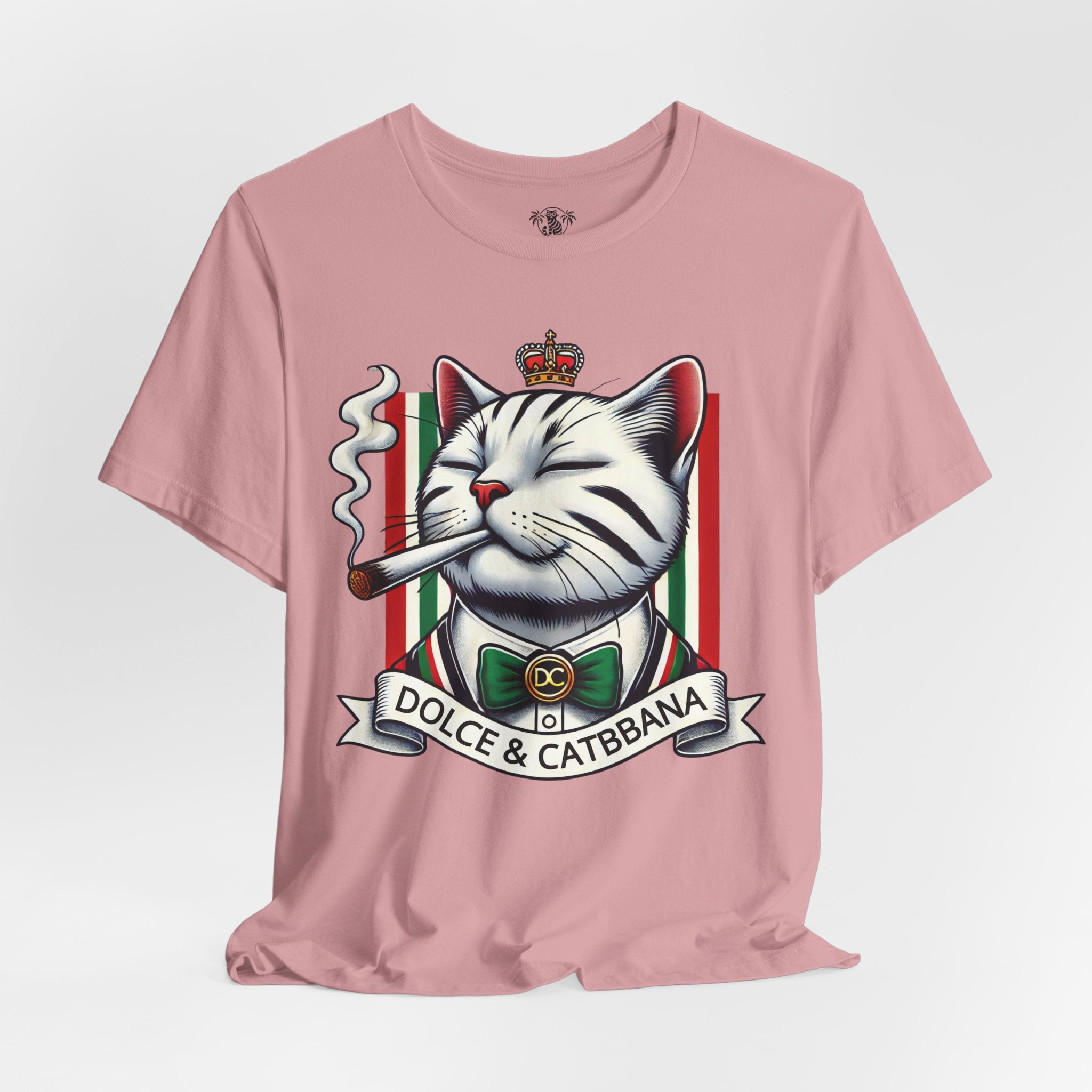 Dolce & Catbbana Don Royal orchid pink t shirt front view, soft cotton parody shirt for cat lovers