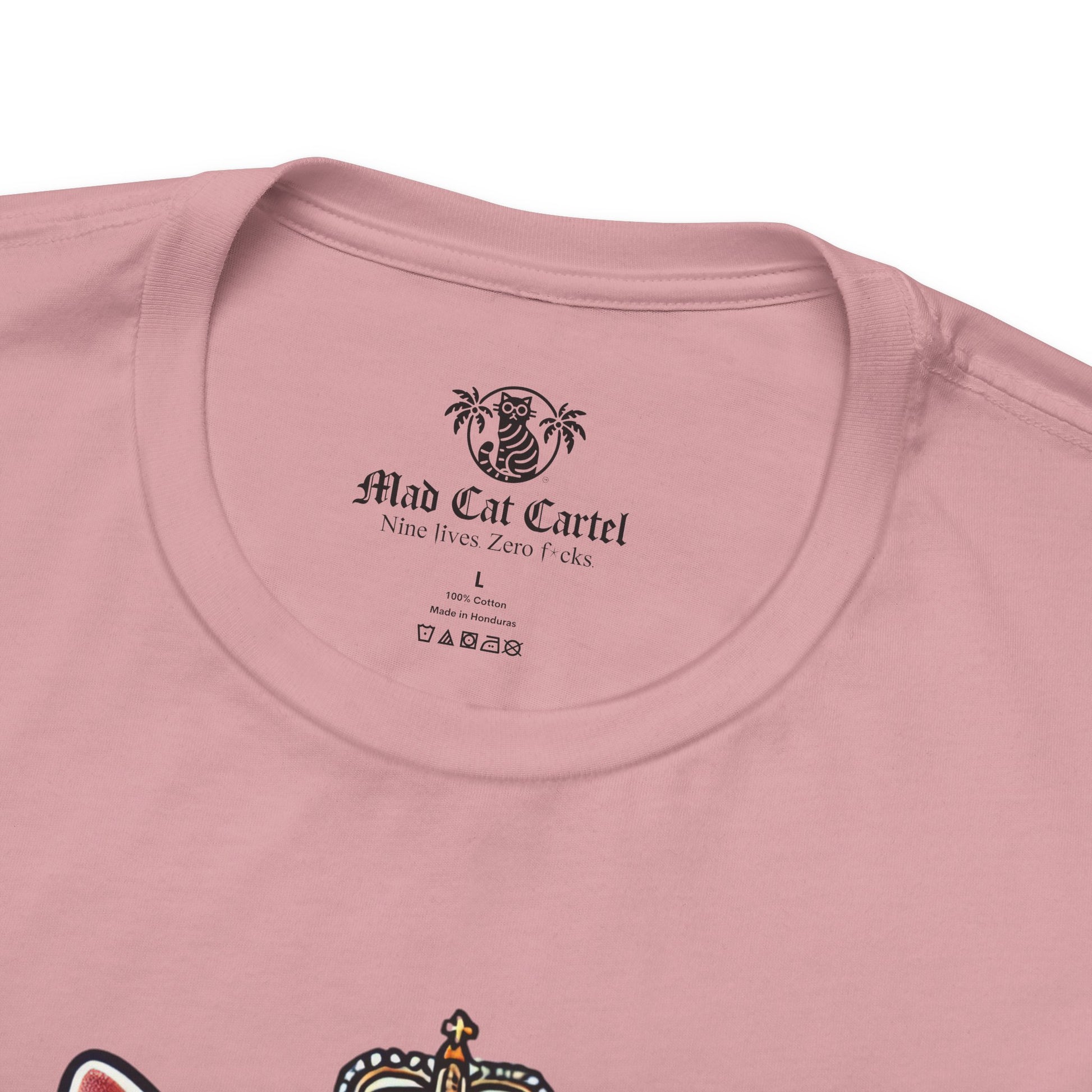 close-up neckline, designer parody pink t shirt, Mad Cat Cartel label detail