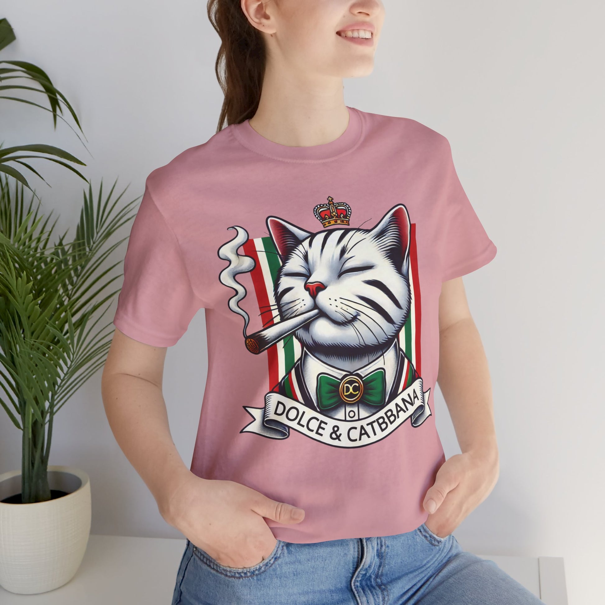 female model wearing orchid pink Dolce & Catbbana Don Royal designer parody t shirt, womens cat shirt casual style