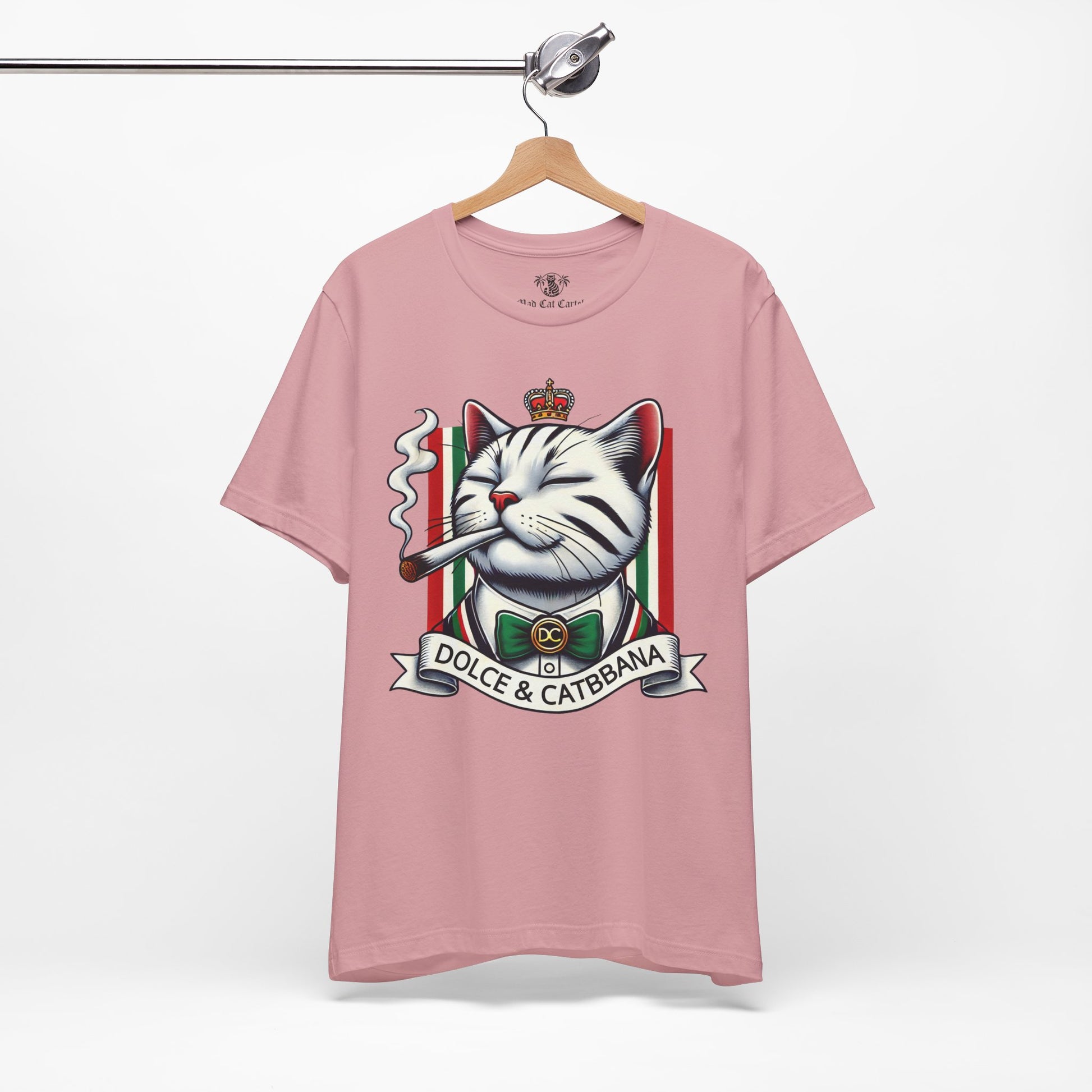 Dolce & Catbbana Don Royal orchid pink t shirt on hanger, womens parody cat graphic tee