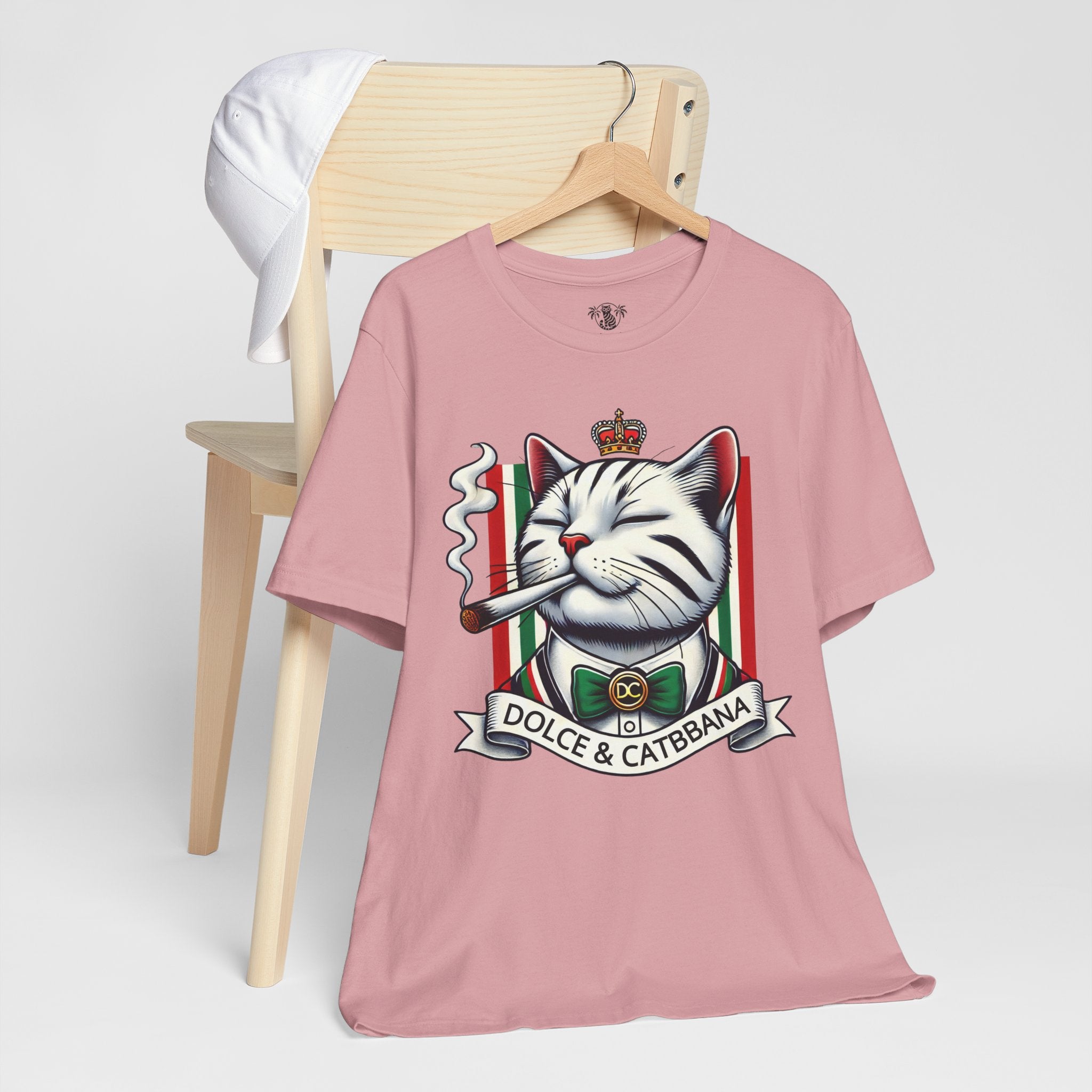 Dolce & Catbbana Don Royal orchid pink t shirt on chair, funny cat lovers parody tee by Mad Cat Cartel
