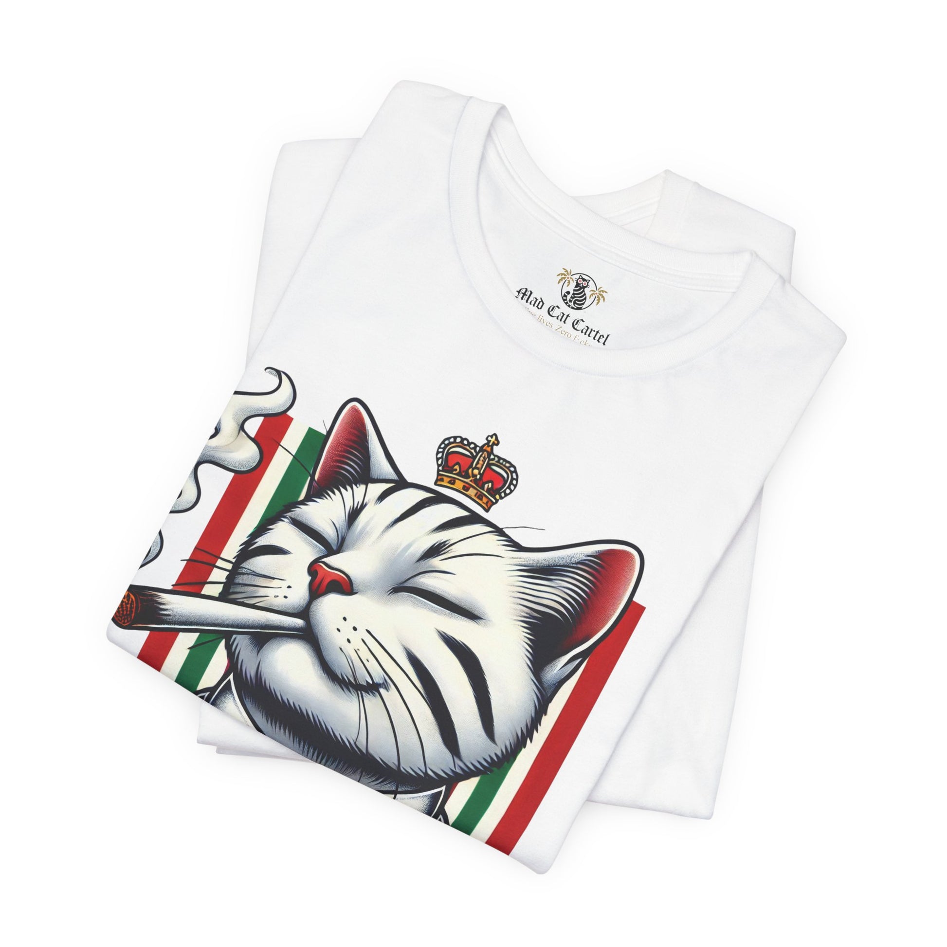 folded white Dolce & Catbbana Don Royal t shirt, designer cat parody graphic, casual cotton tee