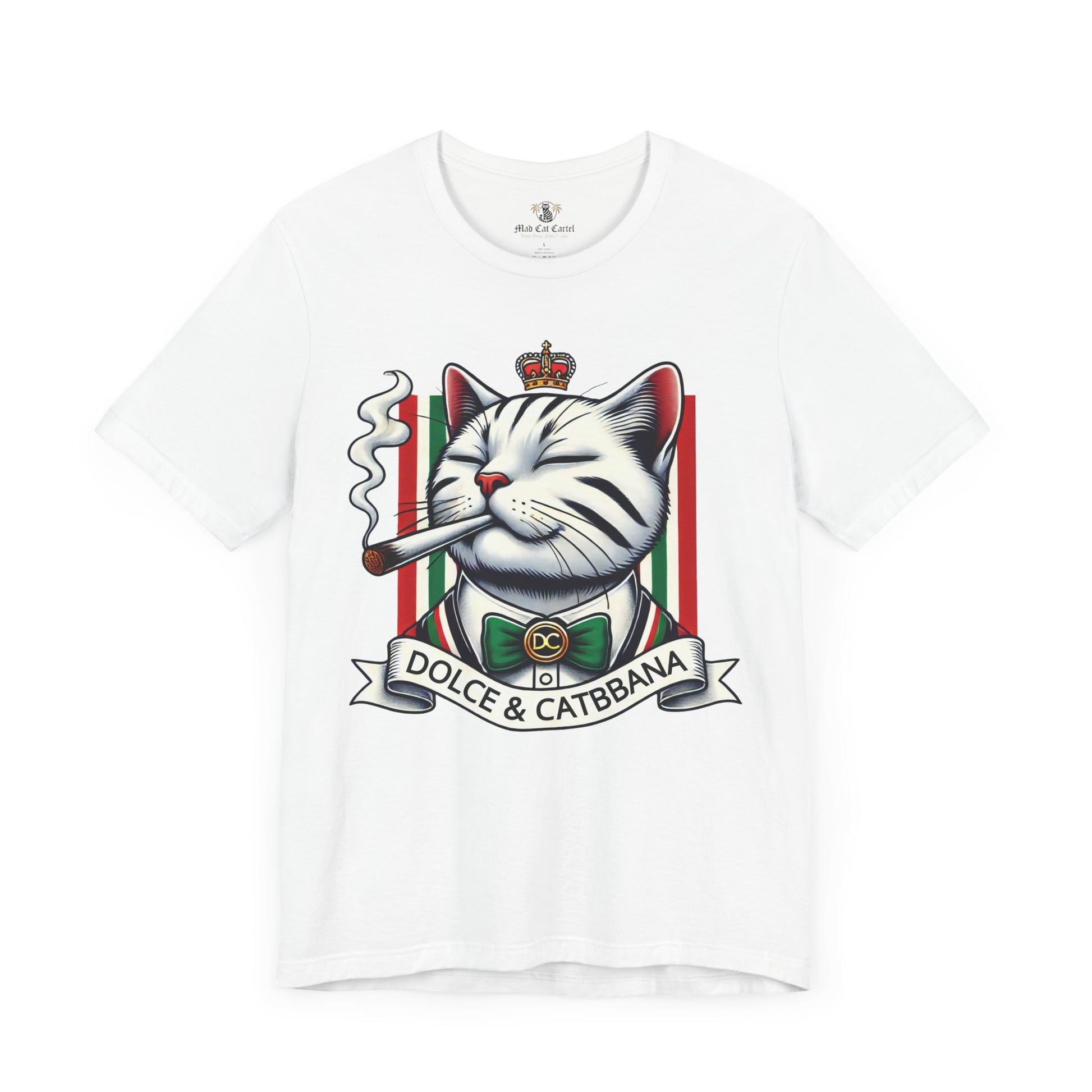 Dolce & Catbbana Don Royal funny designer parody t shirt white, front view, cat t shirts for men and women, by Mad Cat Cartel