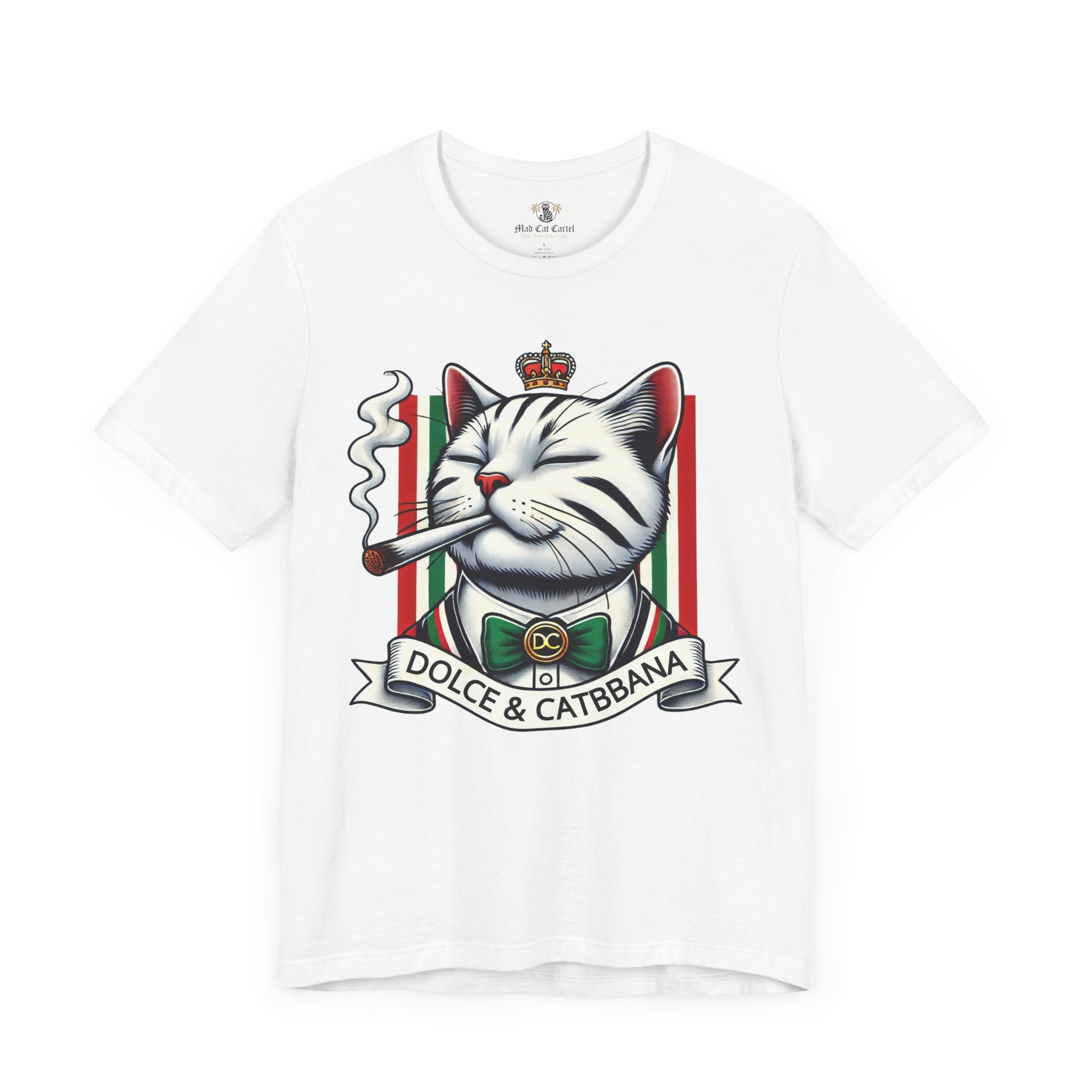 Dolce & Catbbana Don Royal funny designer parody t shirt white, front view, cat t shirts for men and women, by Mad Cat Cartel