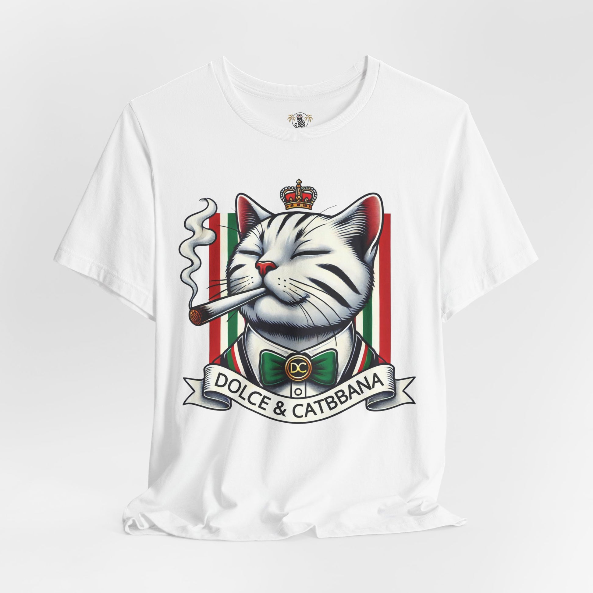 Dolce & Catbbana funny designer parody t shirt white, front  studio view, cat t shirts for men and women