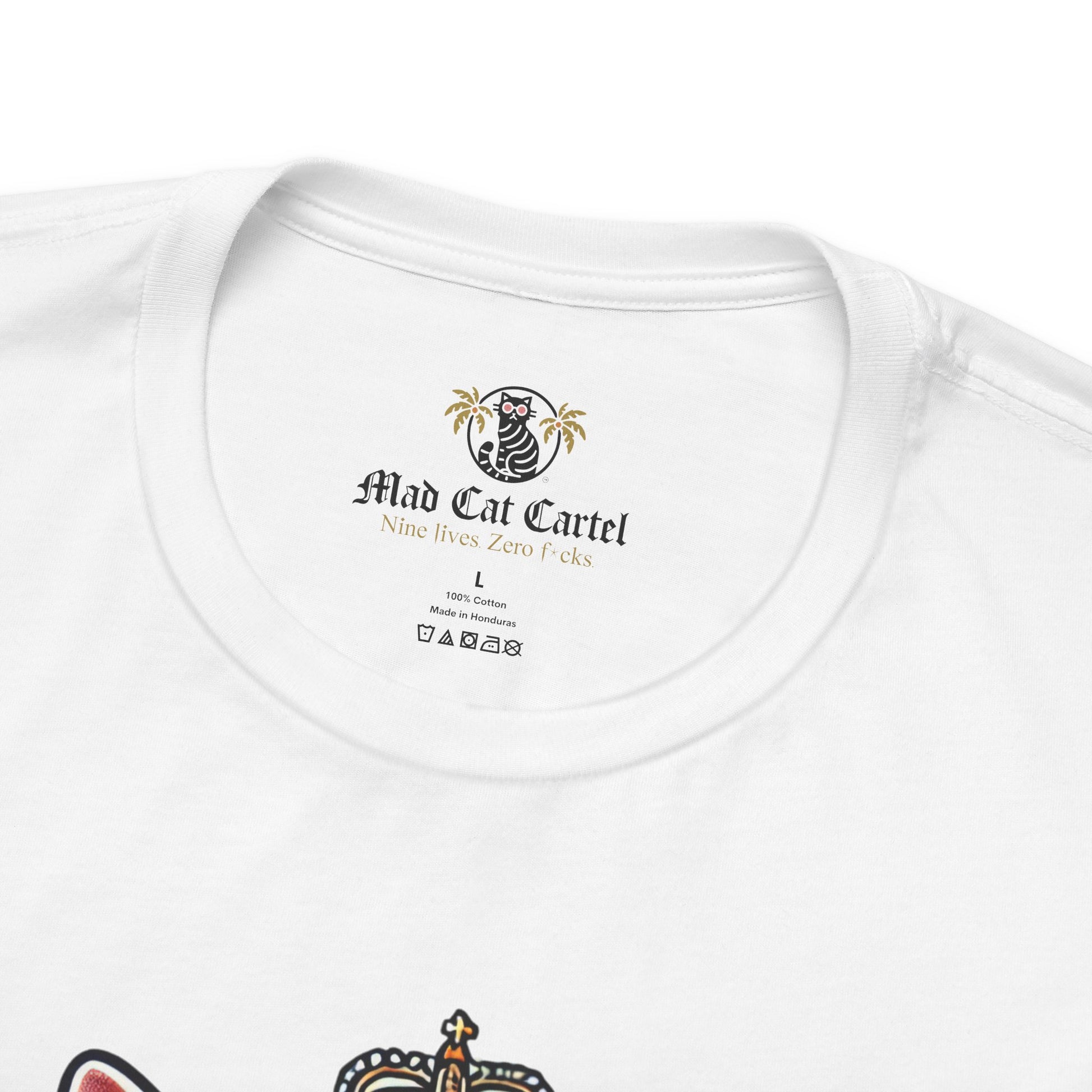 neckline of white Dolce & Catbbana Don Royal t shirt, Mad Cat Cartel print detail