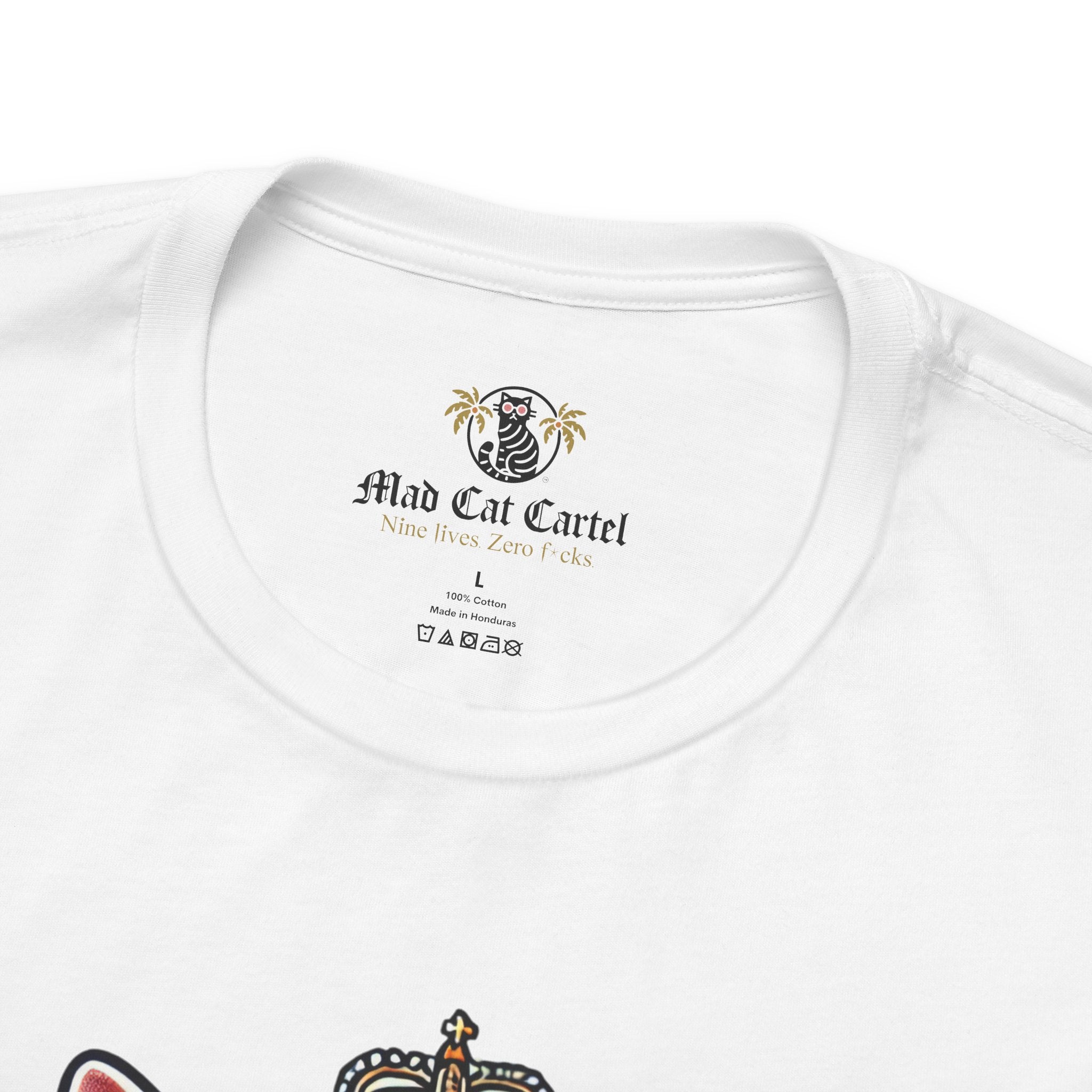 neckline of white Dolce & Catbbana Don Royal t shirt, Mad Cat Cartel print detail