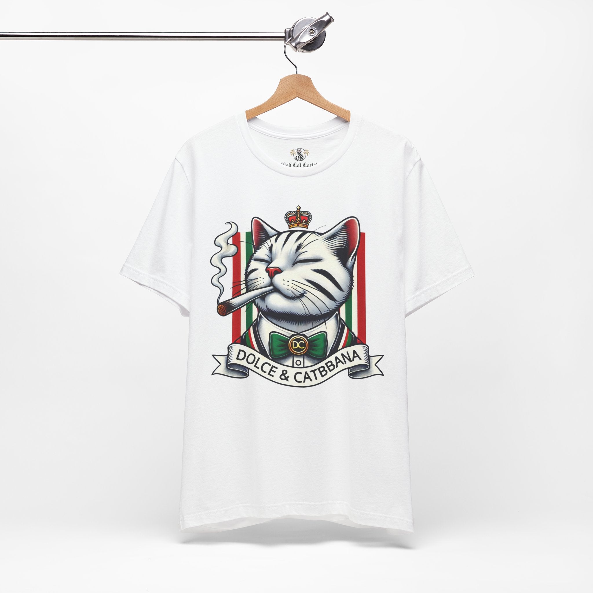 Dolce & Catbbana Don Royal white t shirt on hanger, cotton parody tee for cat lovers