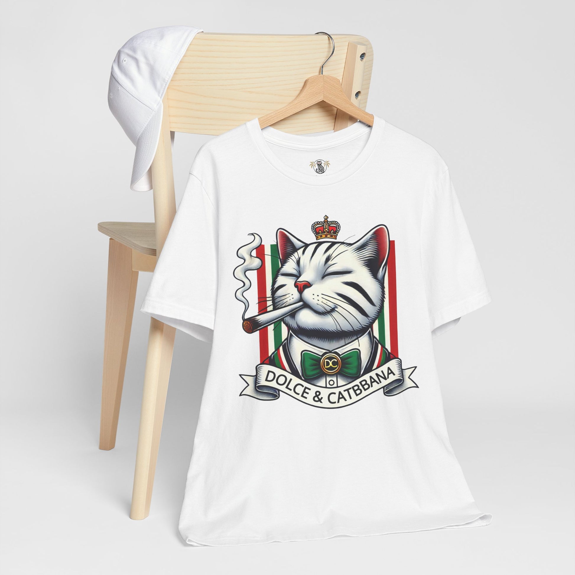 Dolce & Catbbana white t shirt styled on hanger, designer parody tee for cat lovers