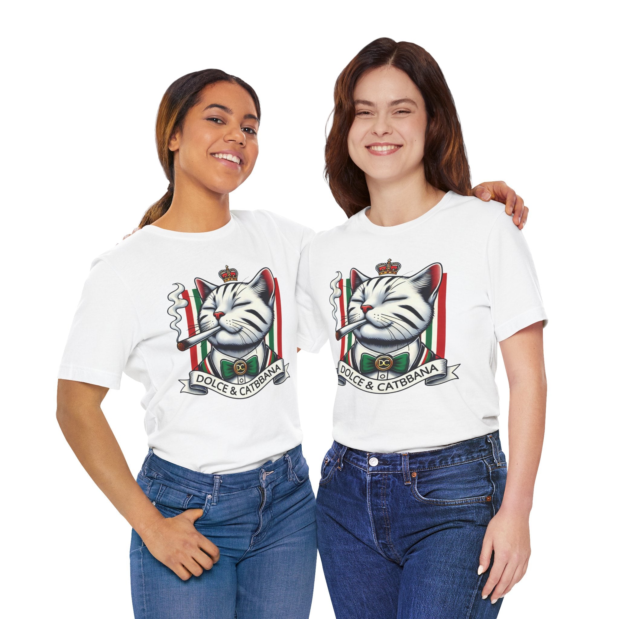 two female models wearing Dolce & Catbbana Don Royal parody t shirts in white, unisex designer cat lovers outfit