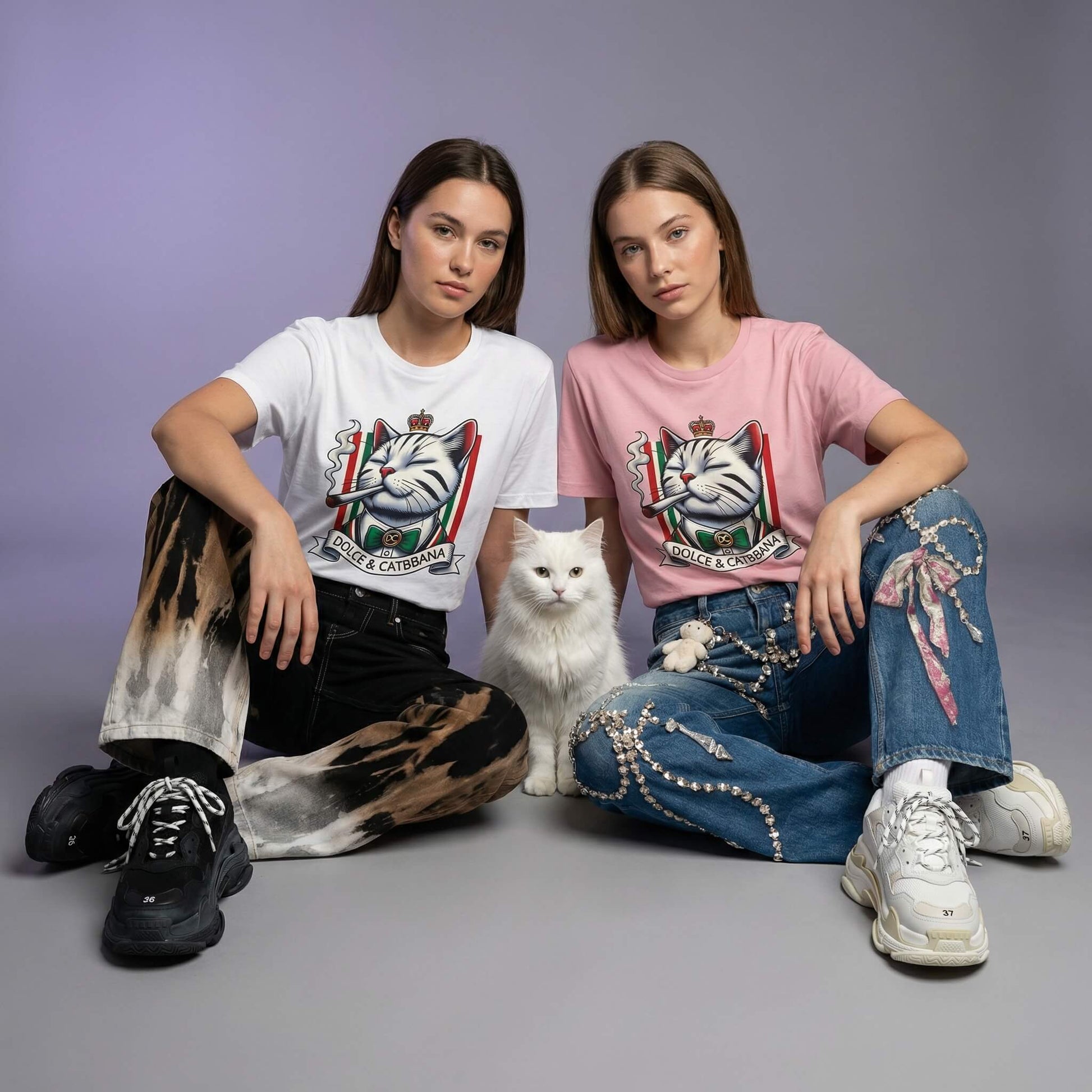 Dolce and Catbbana graphic t shirts by Mad Cat Cartel worn by two women in white and pink with white cat