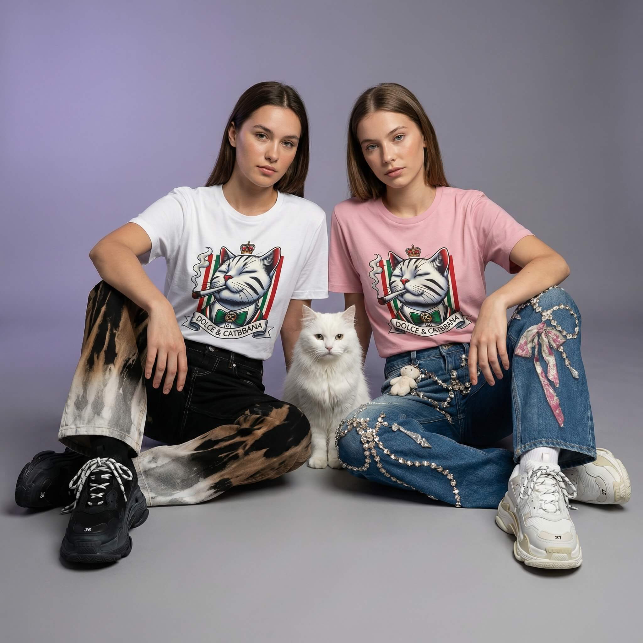 Dolce and Catbbana graphic t shirts by Mad Cat Cartel worn by two women in white and pink with white cat