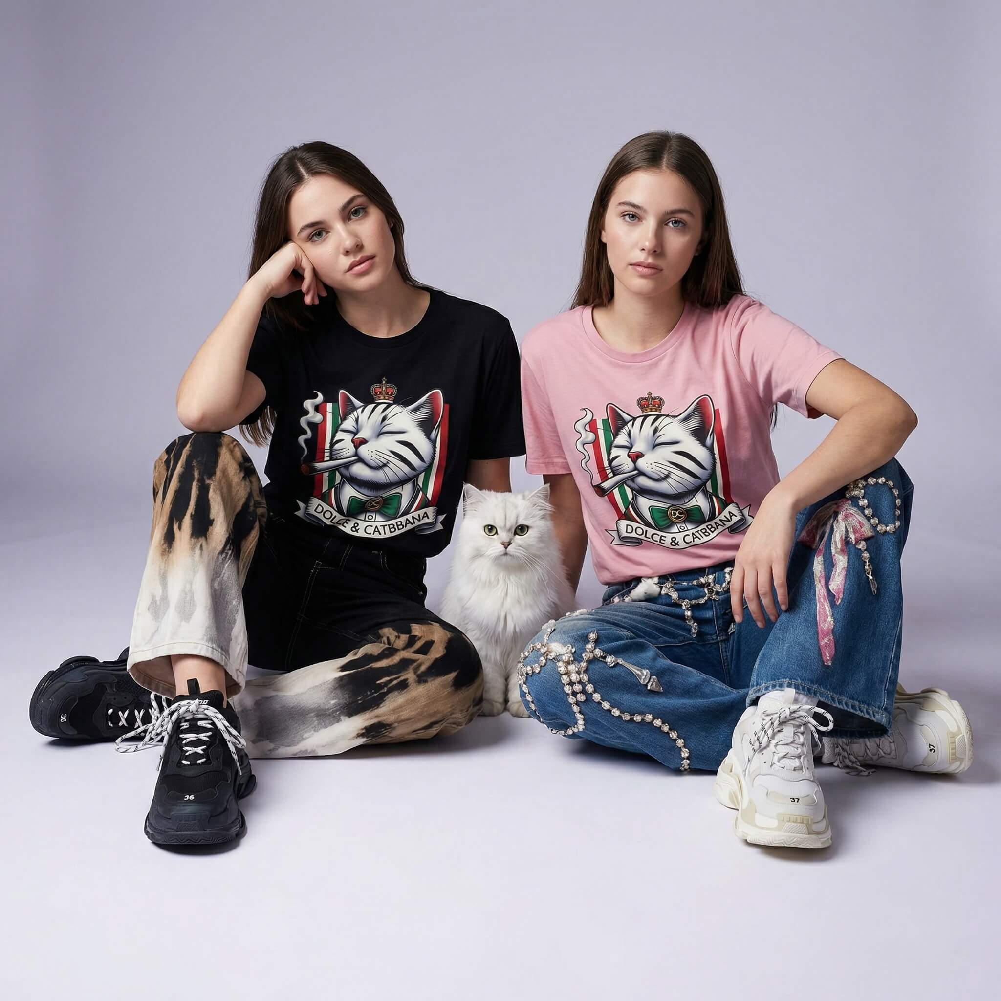 two female models wearing Dolce & Catbbana Don Royal parody t shirts in black and pink, designer cat lovers tees