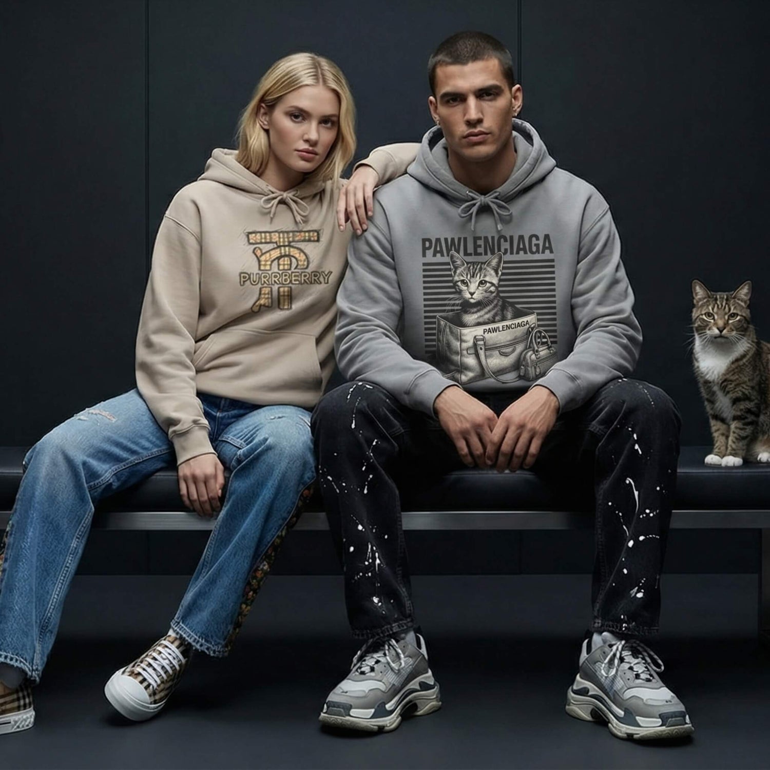 Man and woman sitting on a bench wearing branded funny designer hoodies with a cat in the background