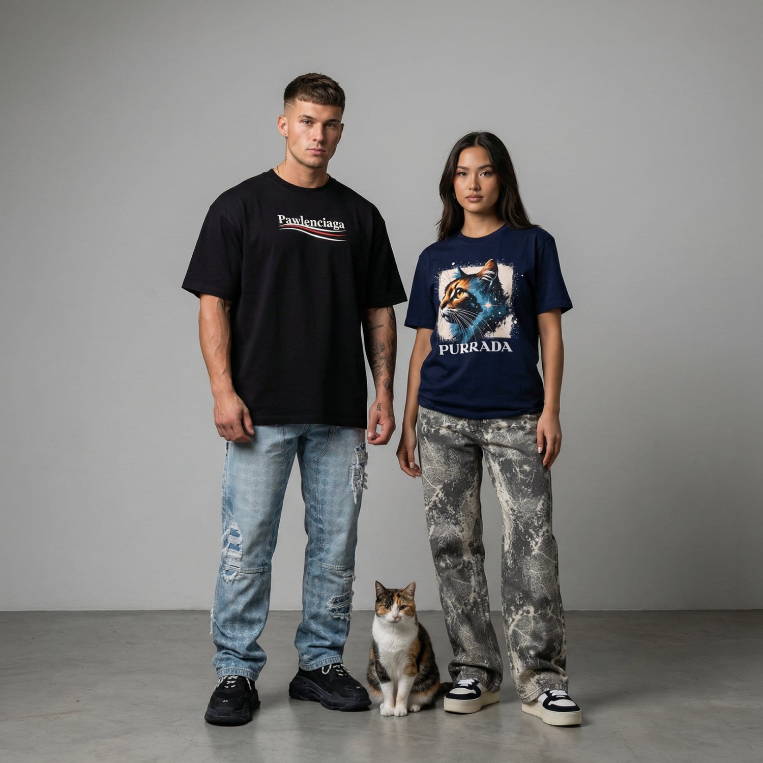 funny cat t shirts streetwear collection mad cat cartel models wearing graphic cat shirts