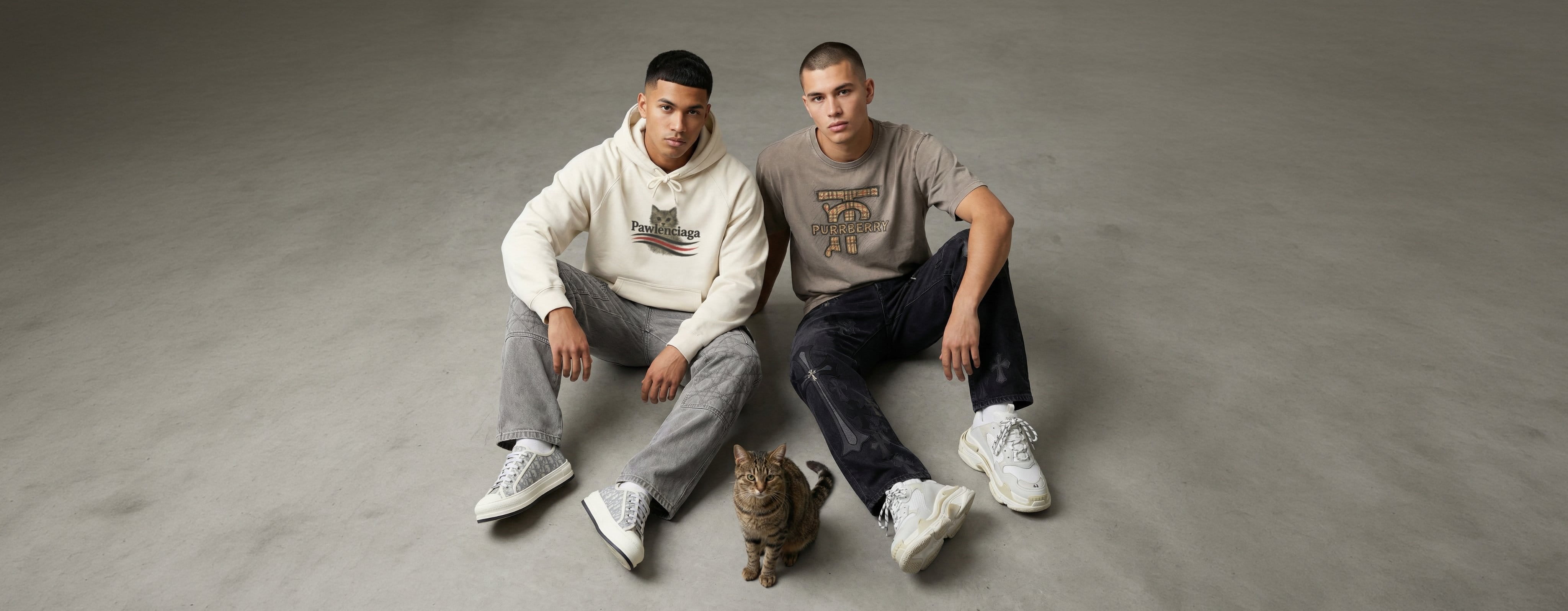 two men wearing Mad Cat Cartel funny cat-themed clothing for men, with a white Pawlenciaga cat hoodie and a grey Purrberry graphic t shirt beside a tabby cat, desktop banner image