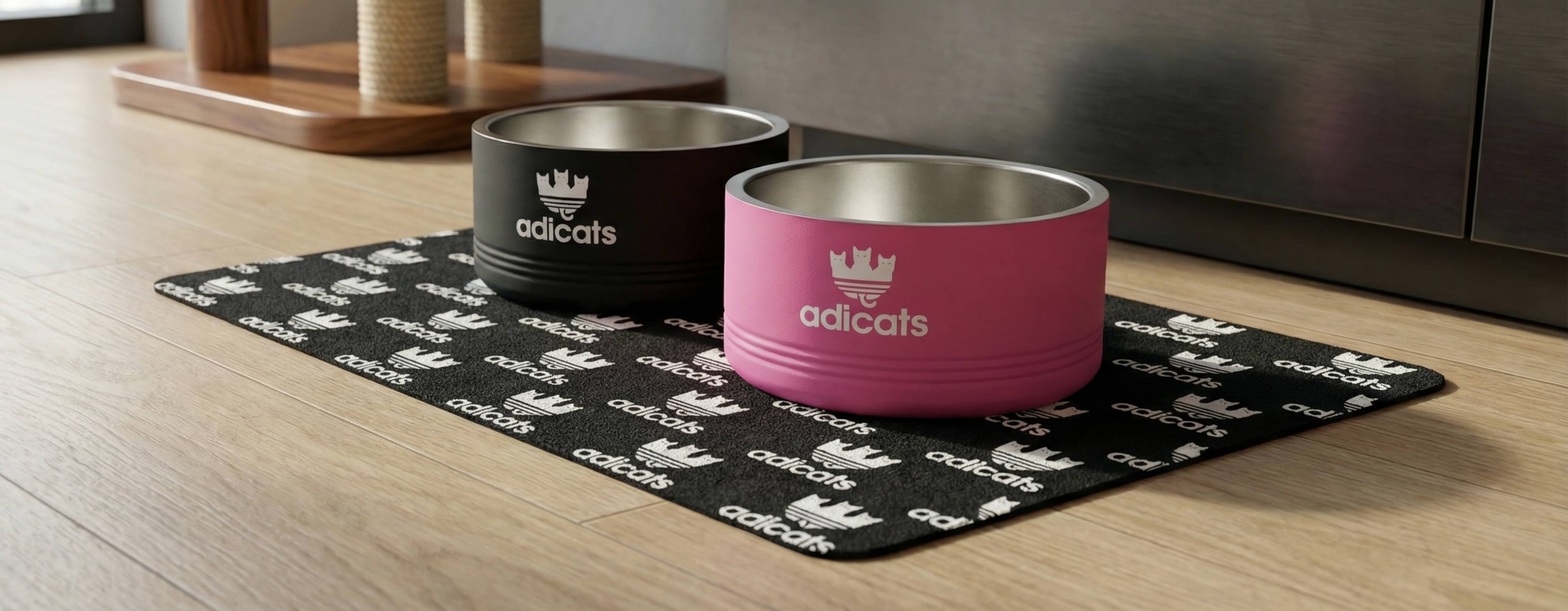 Designer cat bowls and Adicats feeding mat by Mad Cat Cartel