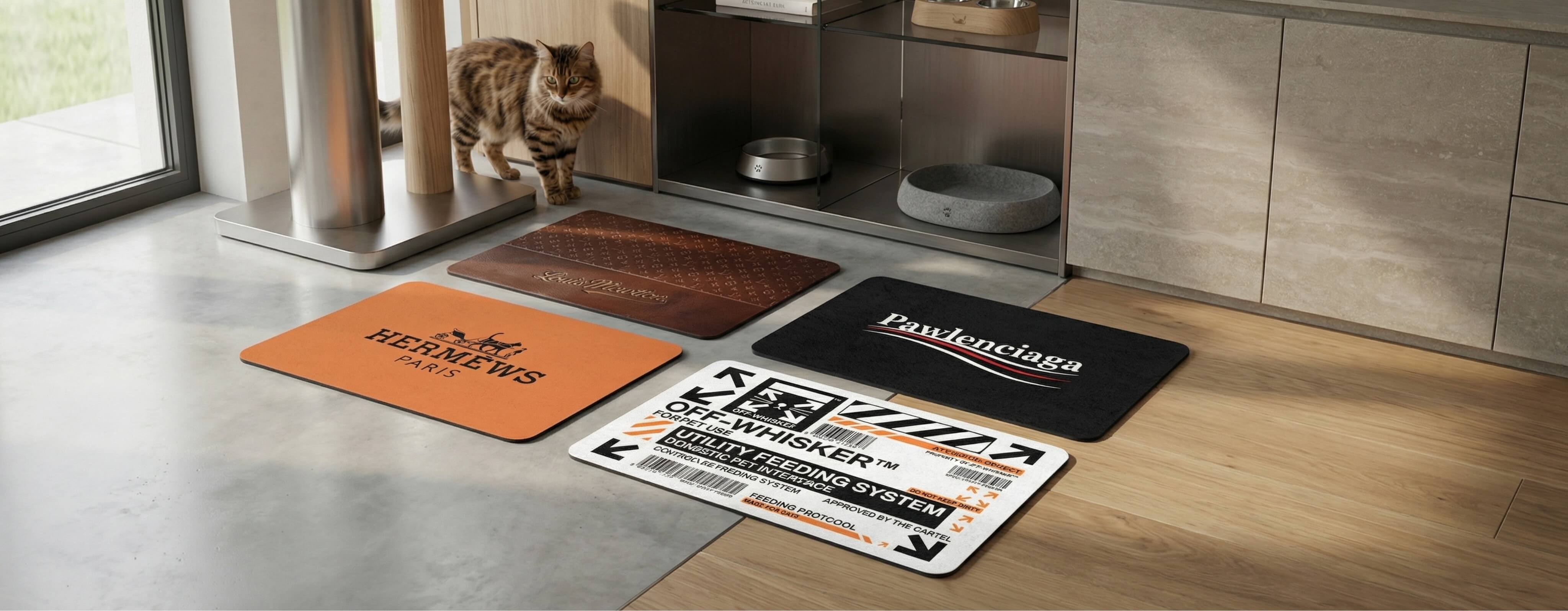 Designer funny cat food bowl mats by Mad Cat Cartel