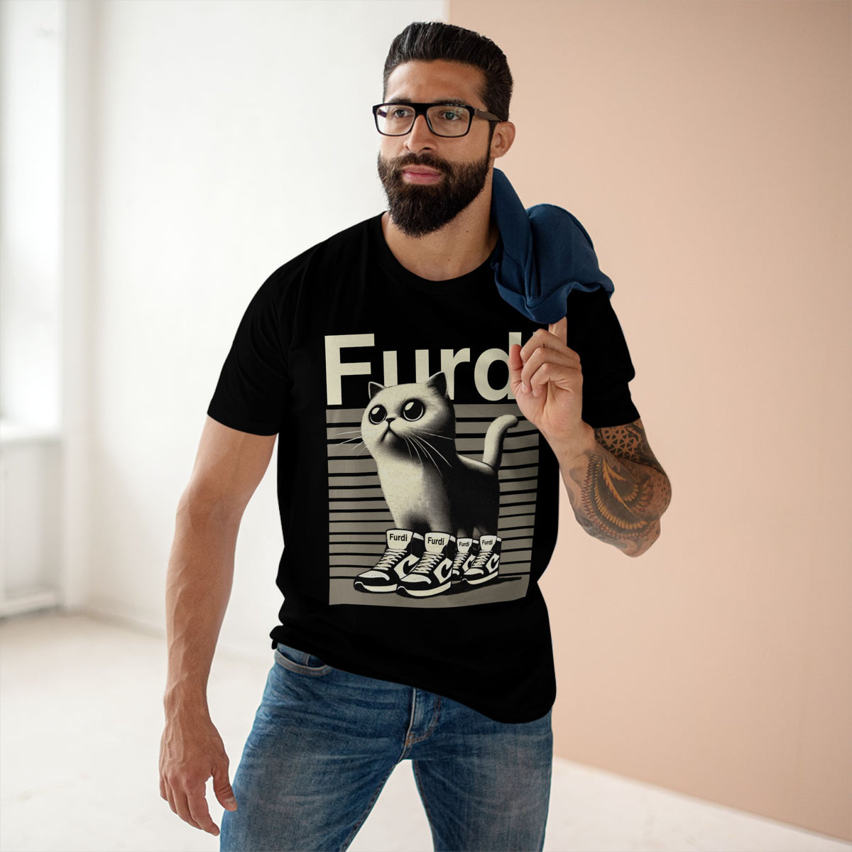 Furdi 4x4 Sneaker Flex Designer Black T-Shirt, worn by a male model